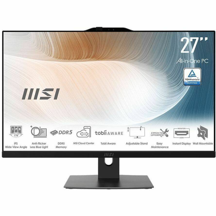 27" All-in-One PC  
TÜV Rheinland CERTIFIED  
IPS 178° Wide View Angle  
Anti-Flicker  
Less Blue Light  
DDR5 Memory  
MSI Cloud Center  
tobiIAWARE  
Adjustable Stand  
Easy Maintenance  
Instant Display  
Wall Mountable  
HDMI  
tobiIAWARE  
Easy to Upgrade