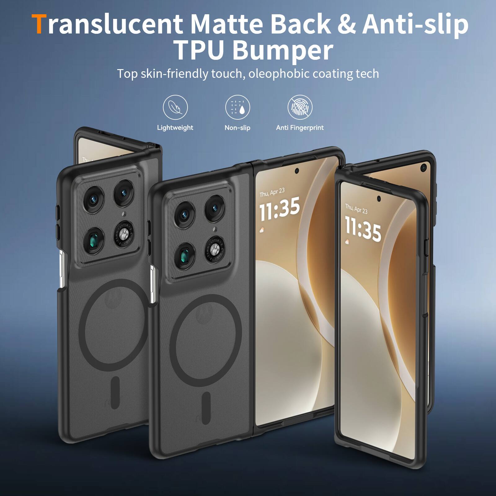 Translucent Matte Back & Anti-slip TPU Bumper  
Top skin-friendly touch, oleophobic coating tech  
Lightweight Non-slip Anti Fingerprint  

Thu Apr 23  
11:35