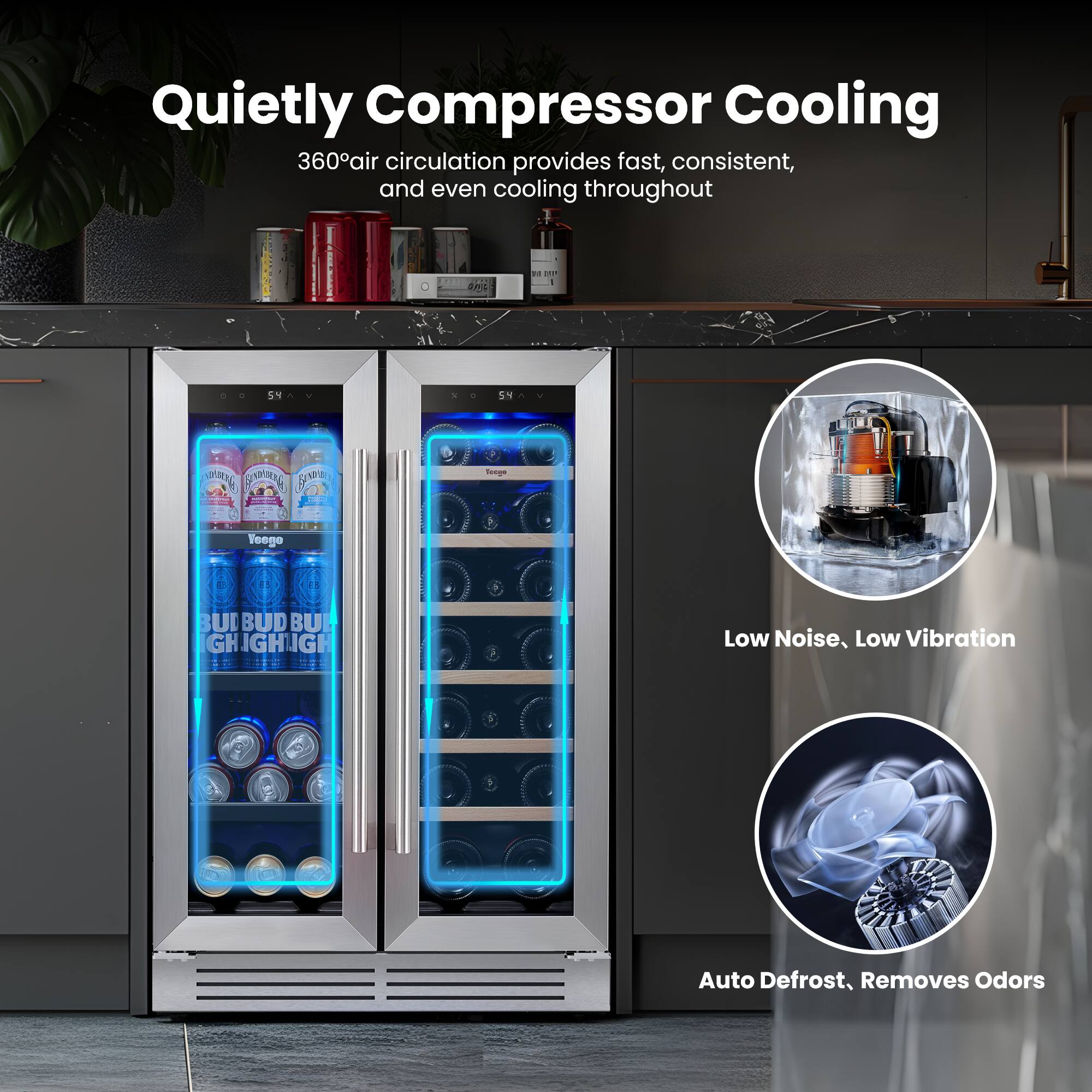Quietly Compressor Cooling 360° air circulation provides fast, consistent, and even cooling throughout. Low Noise, Low Vibration. Auto Defrost, Removes Odors.