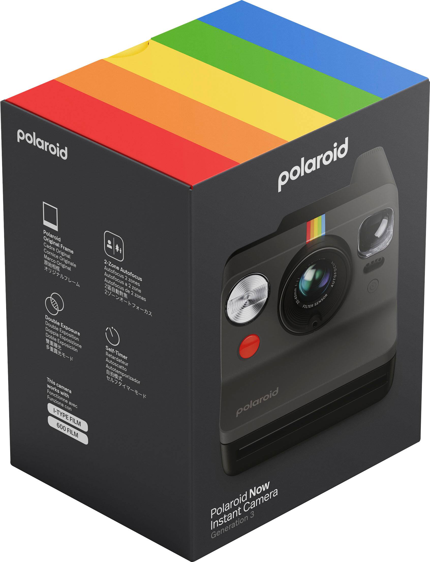 The text on the image reads: "polaroid Polaroid Original Cadre Frame  Marco Comice Original  Orriginal Originale 2-Zone  Autofocus 2 a zones 2 de 2 zone zotas 2 Double Double Doppis Exposure Dobble Esposizione Ok  Seif-Timer Autoscatto This Autotemporizador works camera with Furitiona C con I-TYPE FILM 600 FILMA polaroid 950 xS AUT 5USOJOL0E 15-40mm SENSOR FILTER polaroid Now Polaroid Camera Instant 3."