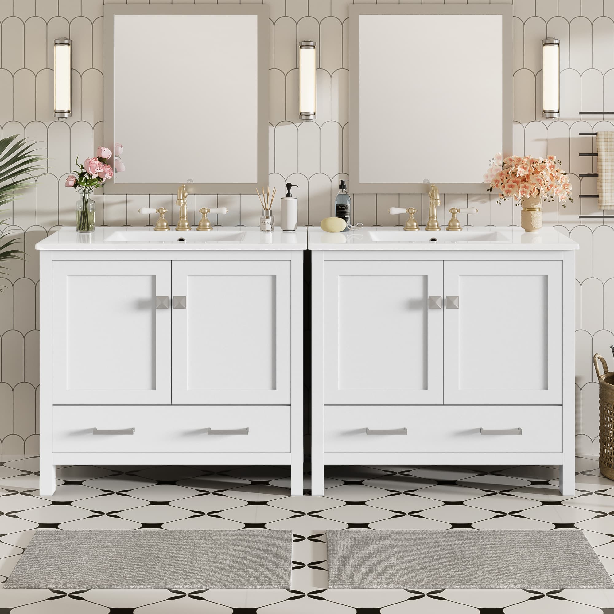 Tiramisubest - 72" Bathroom Vanity with Ceramic Sink, Double Storage Shelves & Divided Drawer - White