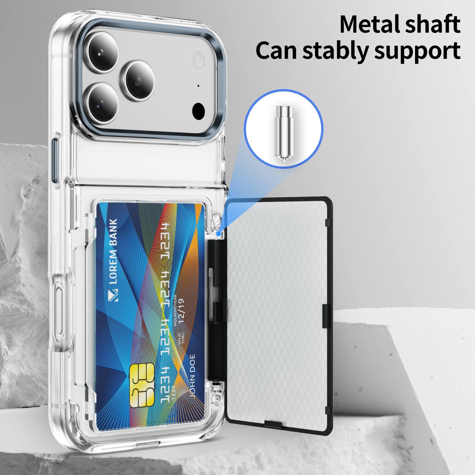 Metal shaft can stably support

BANK LOREM 1234 1234 MOUNTHYEAR 12/19 HE2T VALID THRU E2T 1234 DOE JOHN