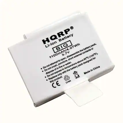 HQRP Li-ion Battery
BIG
1100mAh/4.07Wh
3.7V
- Do not attempt to open, disassemble the battery pack, or short the contacts or terminals.
- Do not crush, puncture, or expose to water.
- Do not dispose of in fire.
- Do not expose to temperature above 60°C (140°F).
- Replace only with the battery pack designed for this product.
Made in China
CE