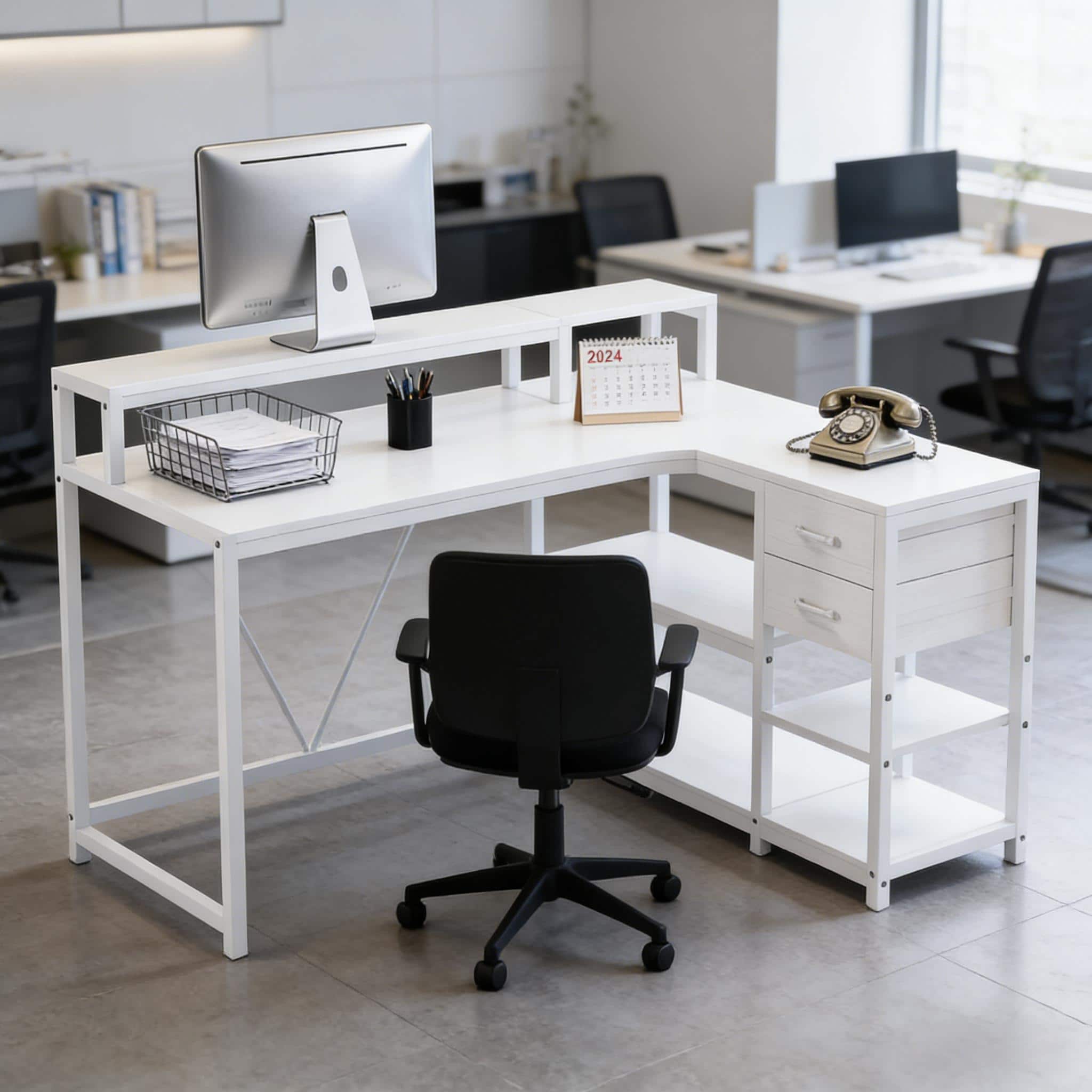 Forest'nSky - Reversible L-Shaped Office Desk with Spacious Workstation for Computers - White