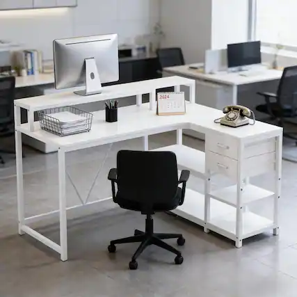 Front. Forest'nSky - Reversible L-Shaped Office Desk with Spacious Workstation for Computers - White.