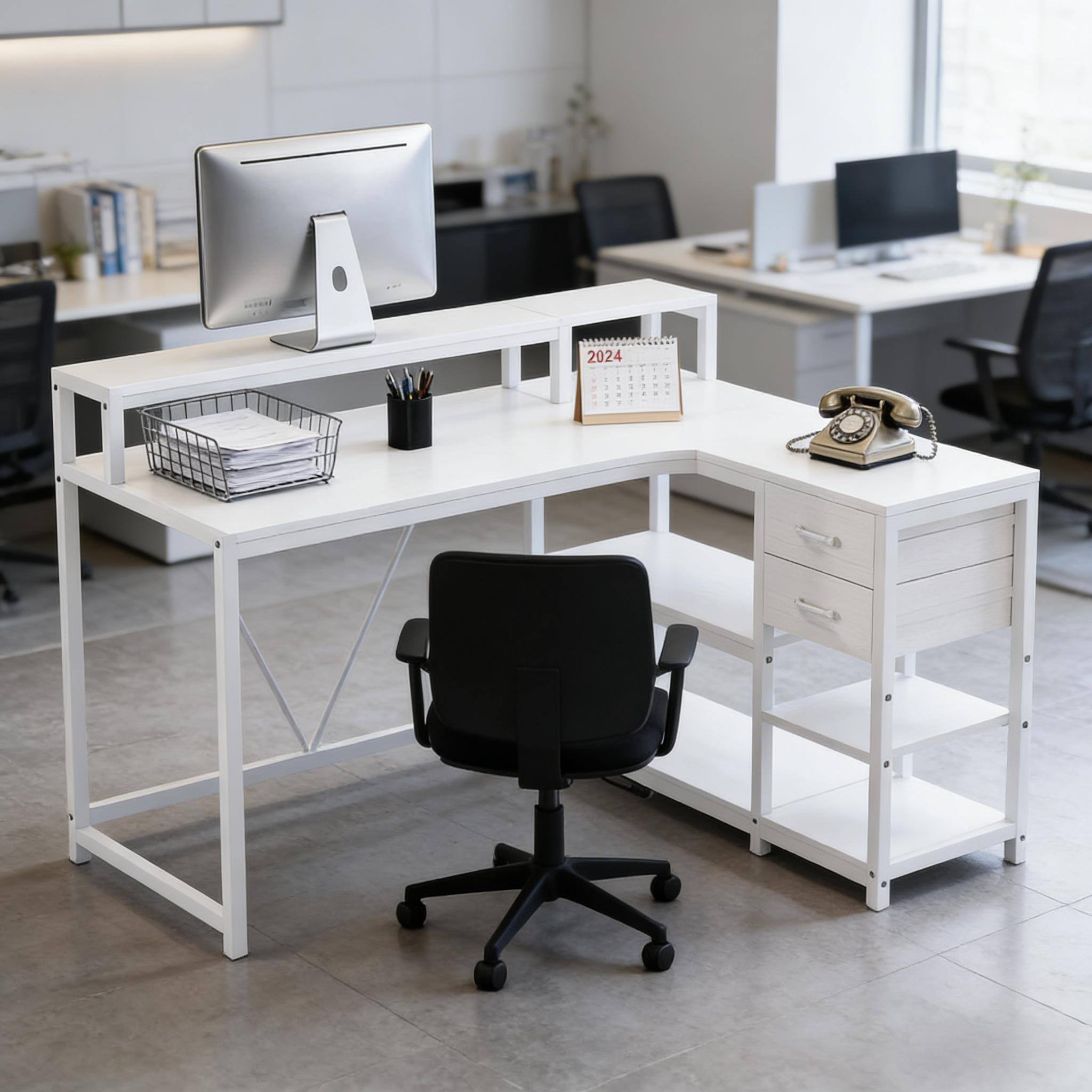 Front. Forest'nSky - Reversible L-Shaped Office Desk with Spacious Workstation for Computers - White.