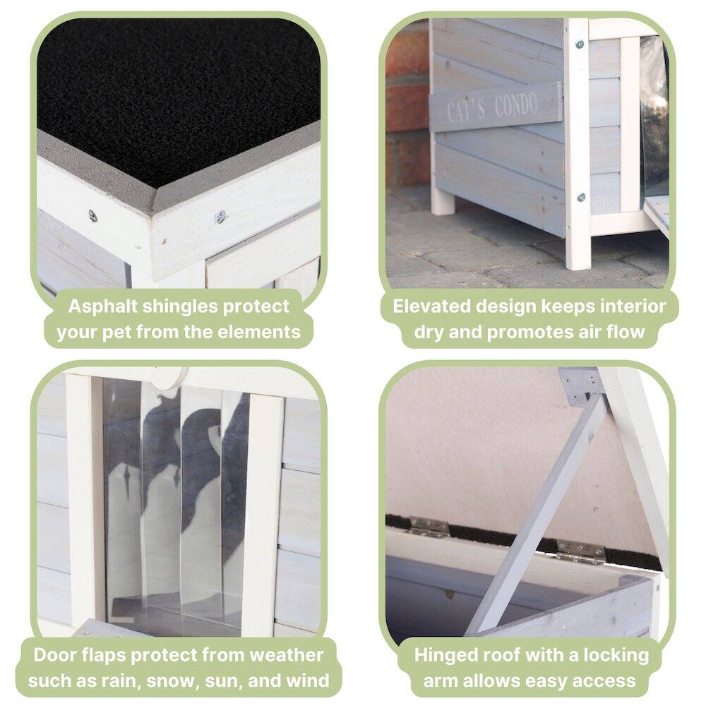 CAT'S CONDO

- Asphalt shingles protect your pet from the elements
- Elevated design keeps interior dry and promotes air flow
- Door flaps protect from weather such as rain, snow, sun, and wind
- Hinged roof with a locking arm allows easy access
