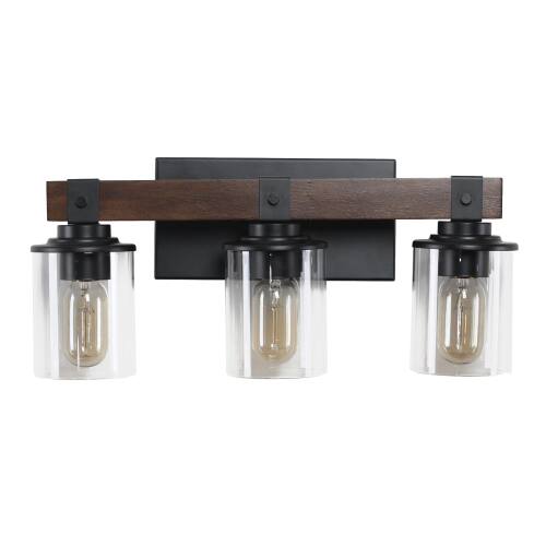 Alt View 4. LUCKY ONE - 19in Rustic 3-Light Vanity Light, Industrial Farmhouse Bathroom Sconce with Wood Accent - Walnut.