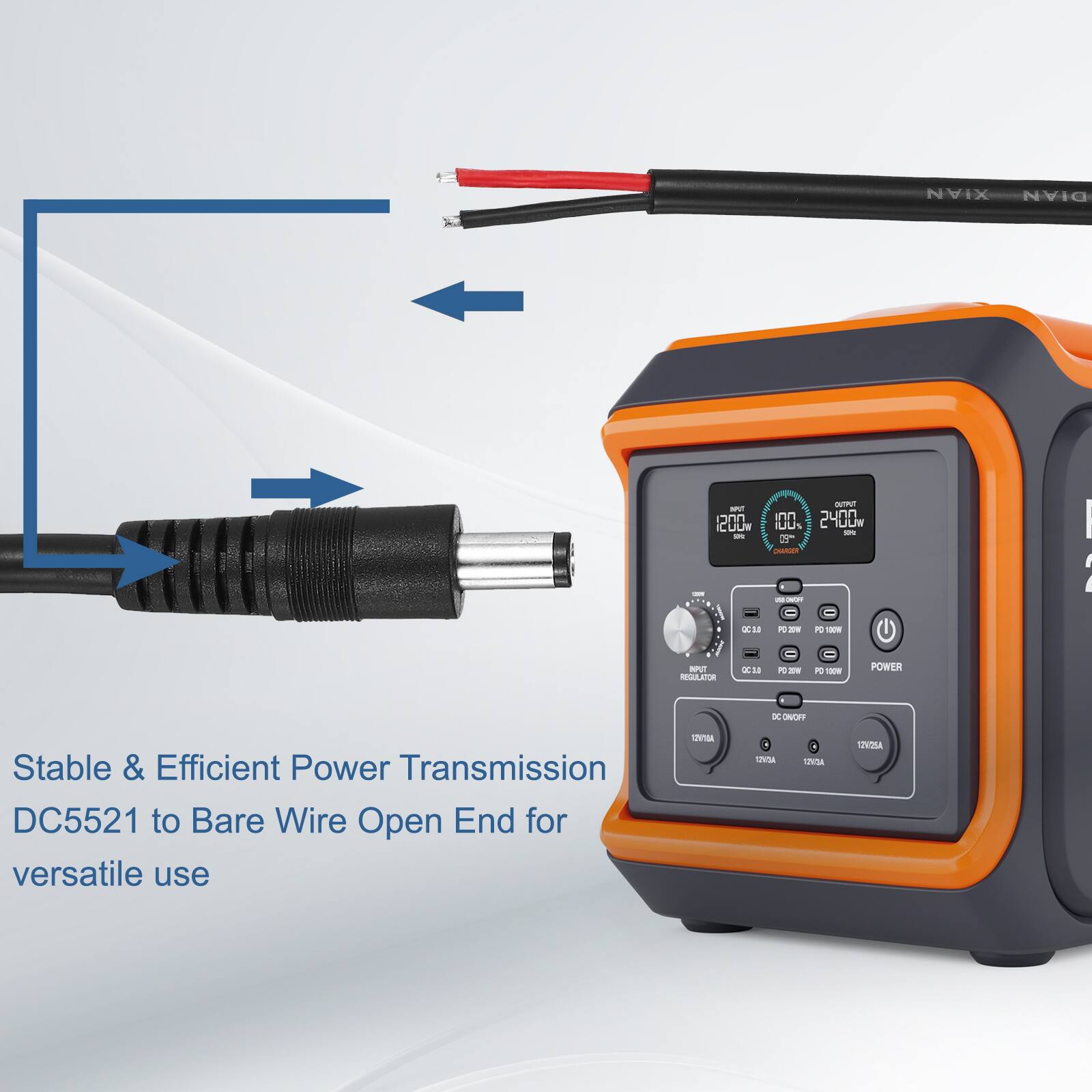 XIAN DIAN - CULW - N 2400W C IULR - 9 Candles - I: 18A - E - S RGATIOR 1 - 0 1 POWER x ONCPP Stable & Efficient Power Transmission DC5521 to Bare Wire Open End for versatile use 1 - TN - uVSA SVONA