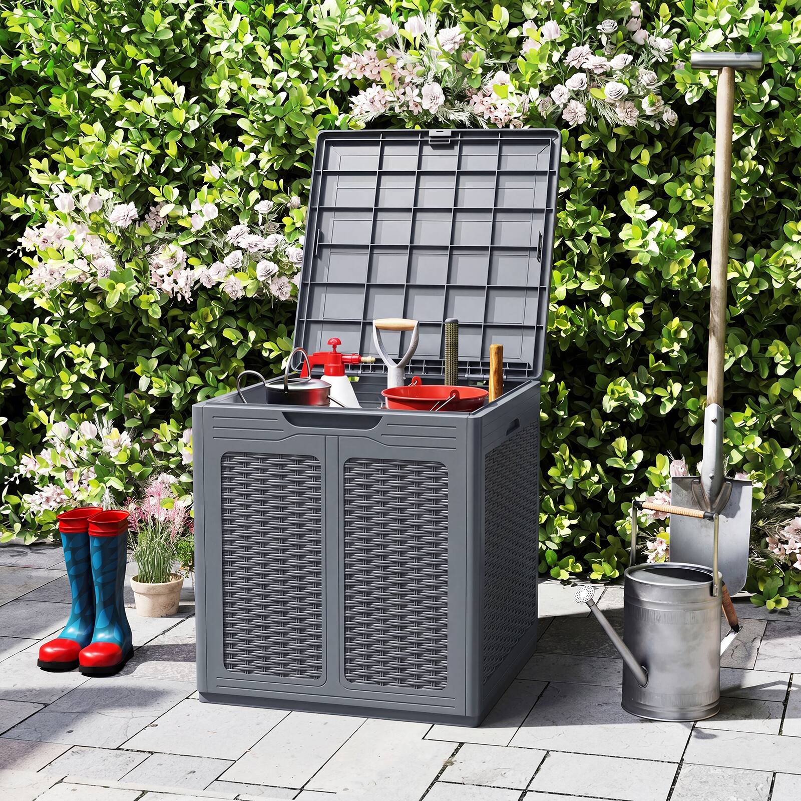 Alt View 3. Costway - Costway 39 Gallon Outdoor Storage Box with Rattan Patterns & Lockable Lid for Garden Tools - Gray.