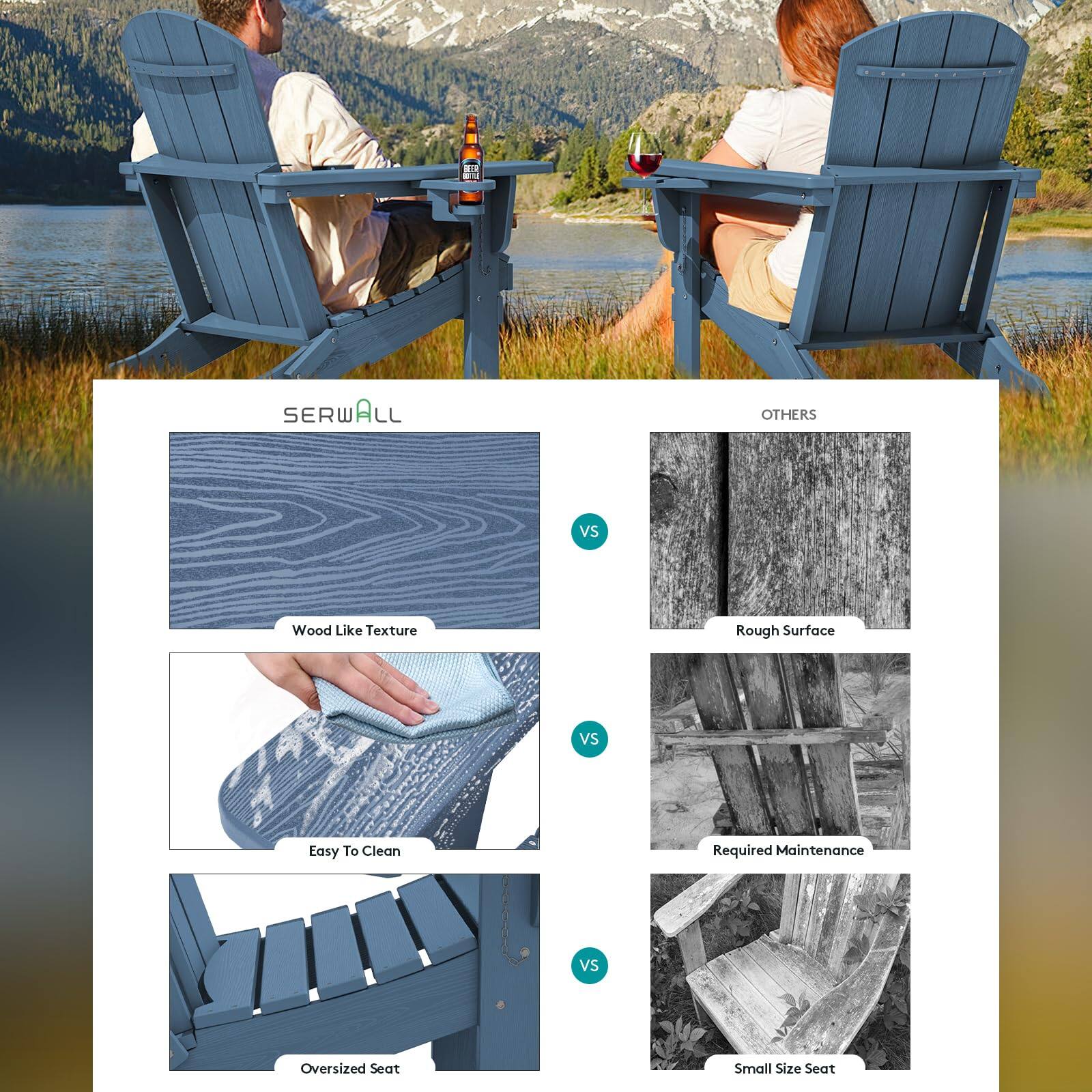 SERWALL vs OTHERS

Wood Like Texture vs Rough Surface

Easy To Clean vs Required Maintenance

Oversized Seat vs Small Size Seat
