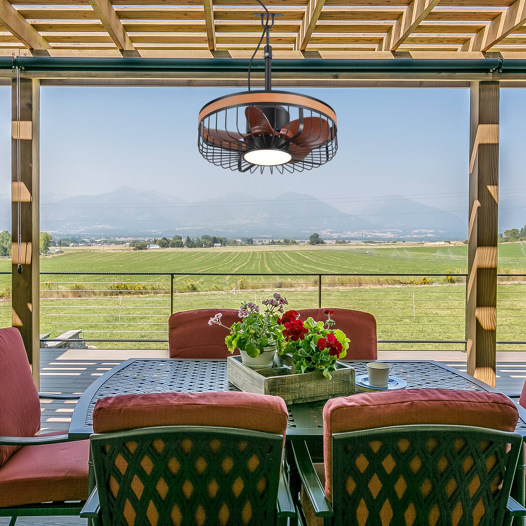 Alt View 1. Breezary - 19" Outdoor Waterproof Ceiling Fan with Gazebo Light, DC Motor, Remote, Reversible ABS Blades, Wet/Damp Rated, Patio Use - Dark Walnut + Walnut Trim(Plug-in).