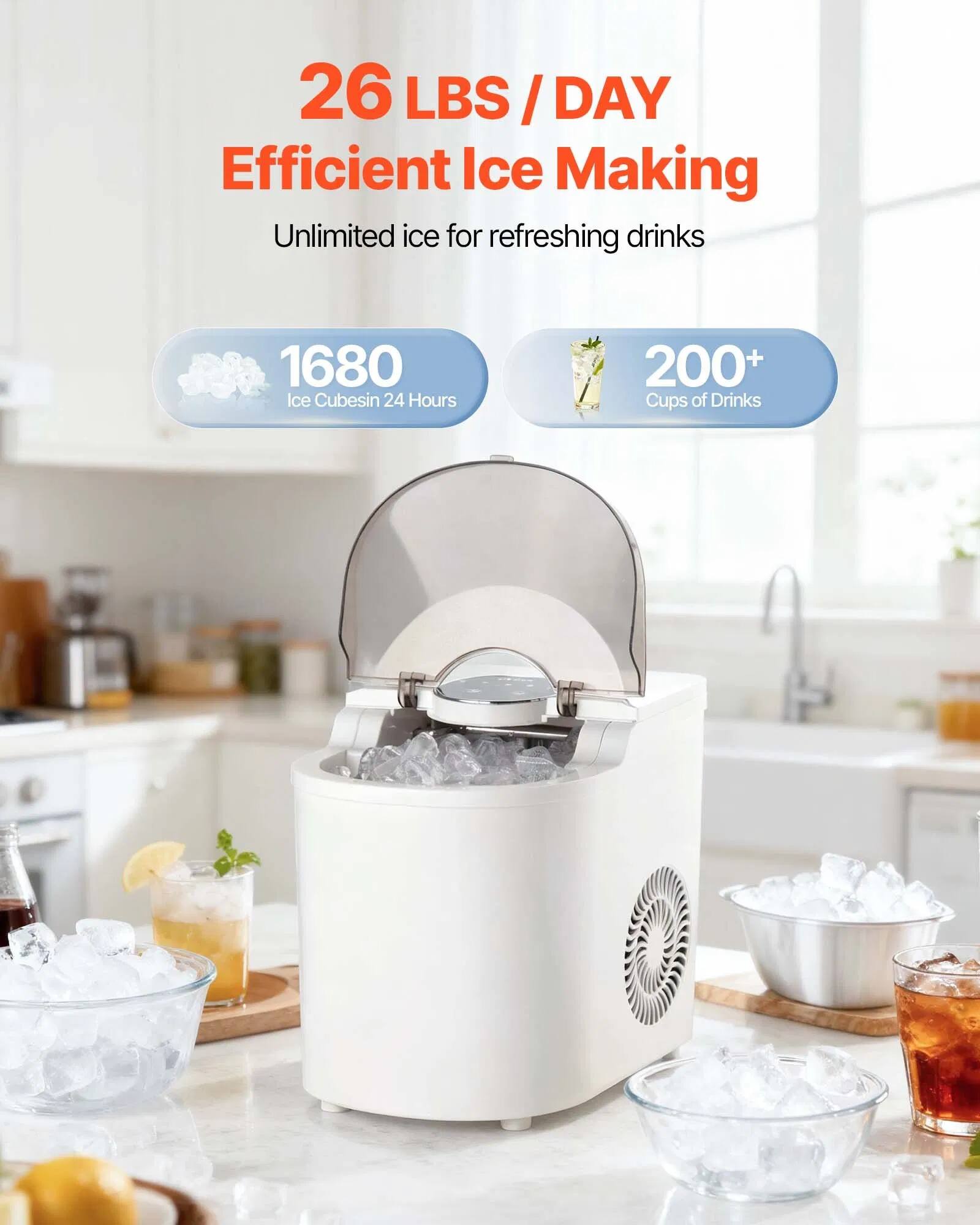 26 LBS / DAY  
Efficient Ice Making  
Unlimited ice for refreshing drinks  

1680 Ice Cubes in 24 Hours  
200+ Cups of Drinks
