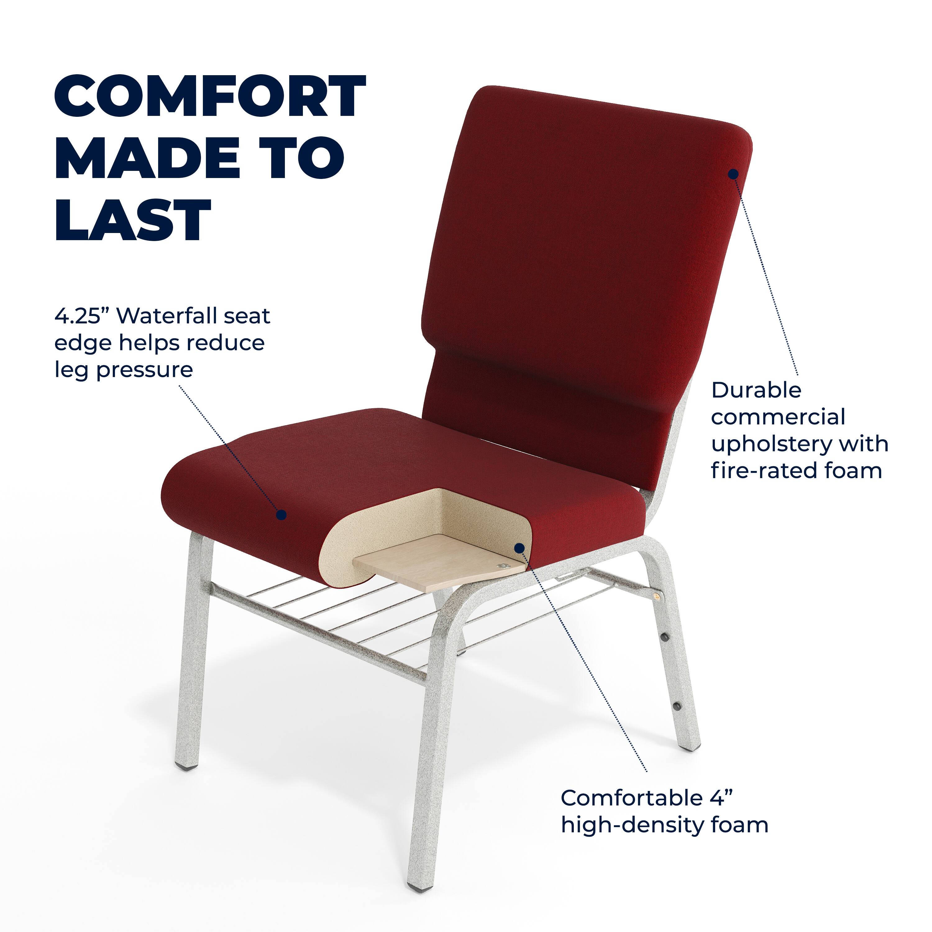 COMFORT MADE TO LAST

4.25" Waterfall seat edge helps reduce leg pressure

Durable commercial upholstery with fire-rated foam

Comfortable 4" high-density foam