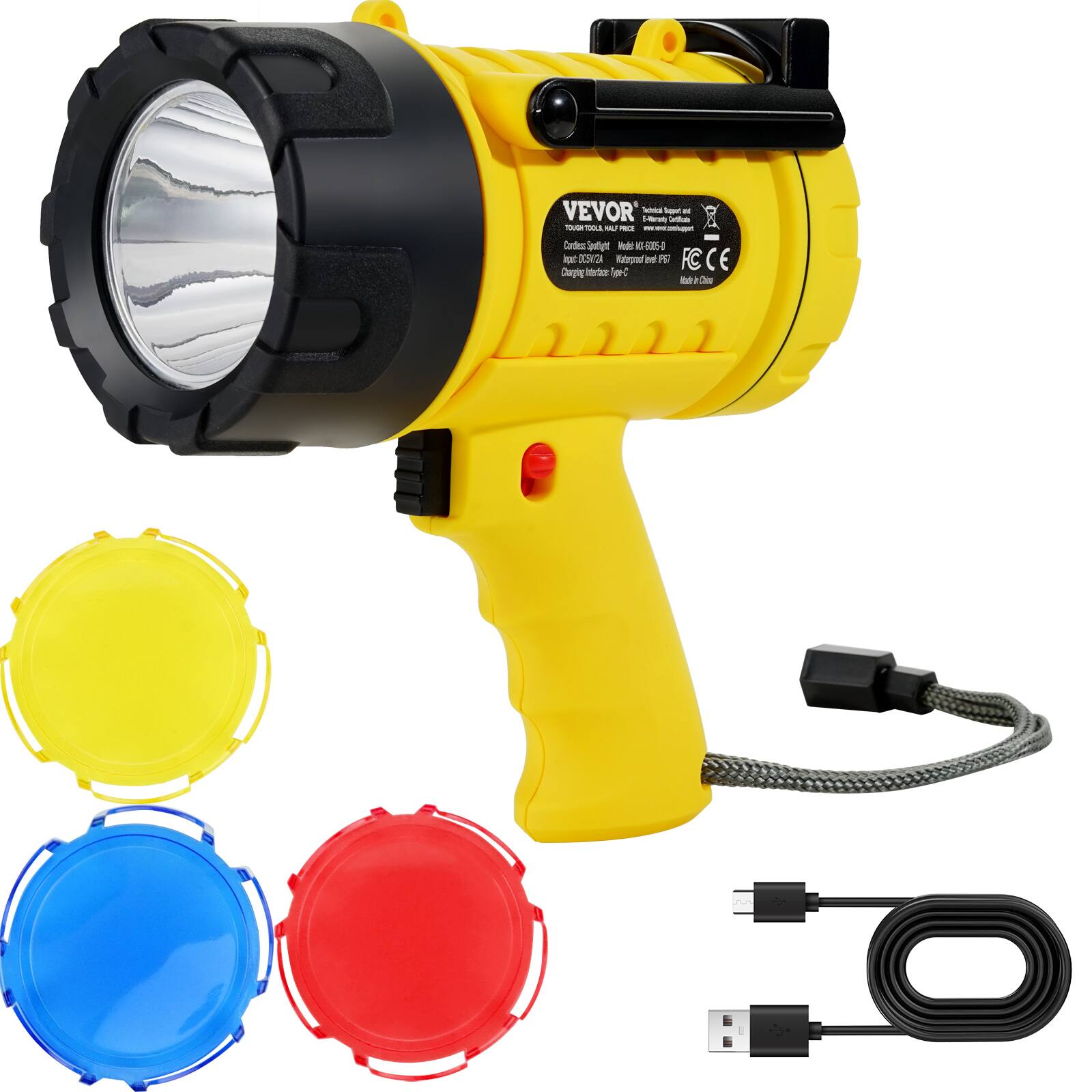 VEVOR - Rechargeable Spotlight Flashlight, 1000,000 Lumens, IP67 Waterproof Handheld LED Spot Light,Searchlight with 4 Modes - Black,Yellow