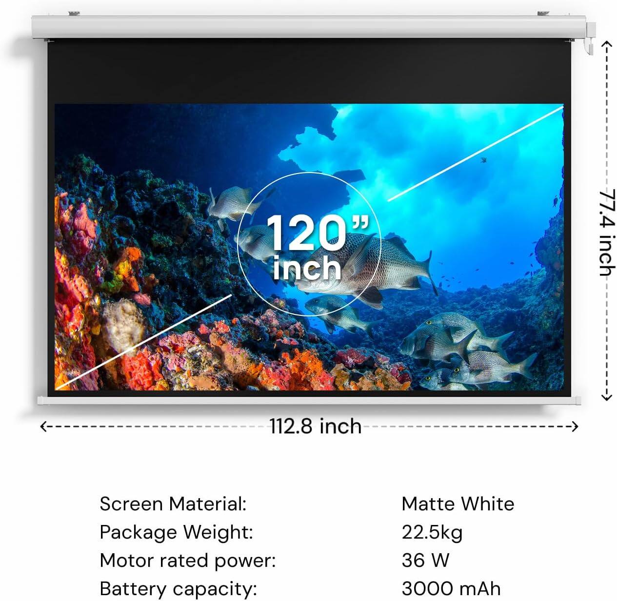 120" inch  
112.8 inch  
77.4 inch  

Screen Material: Matte White  
Package Weight: 22.5kg  
Motor rated power: 36 W  
Battery capacity: 3000 mAh