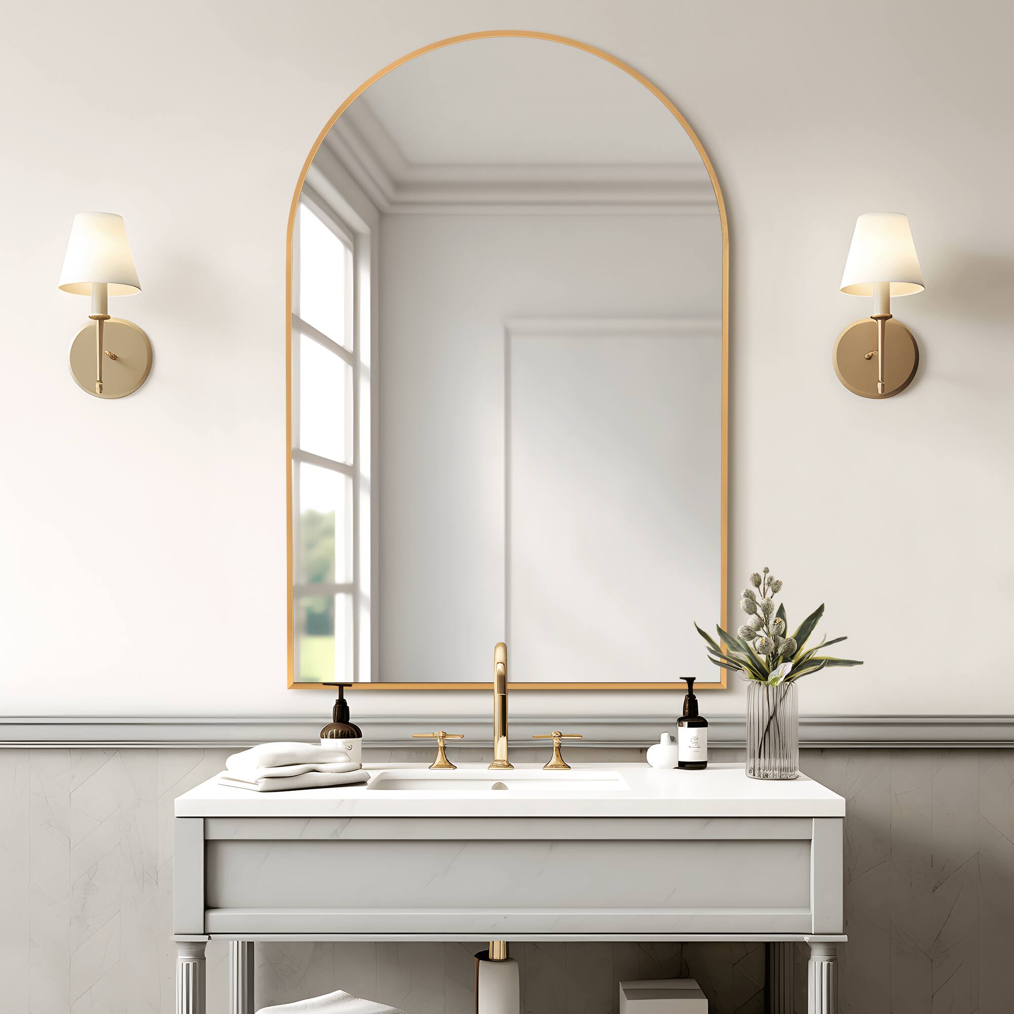 Front. Lirago - 36" x 24" Arched Hanging Bathroom Mirror with Gold Scratch-Resistant Aluminum Alloy Frame - Gold.