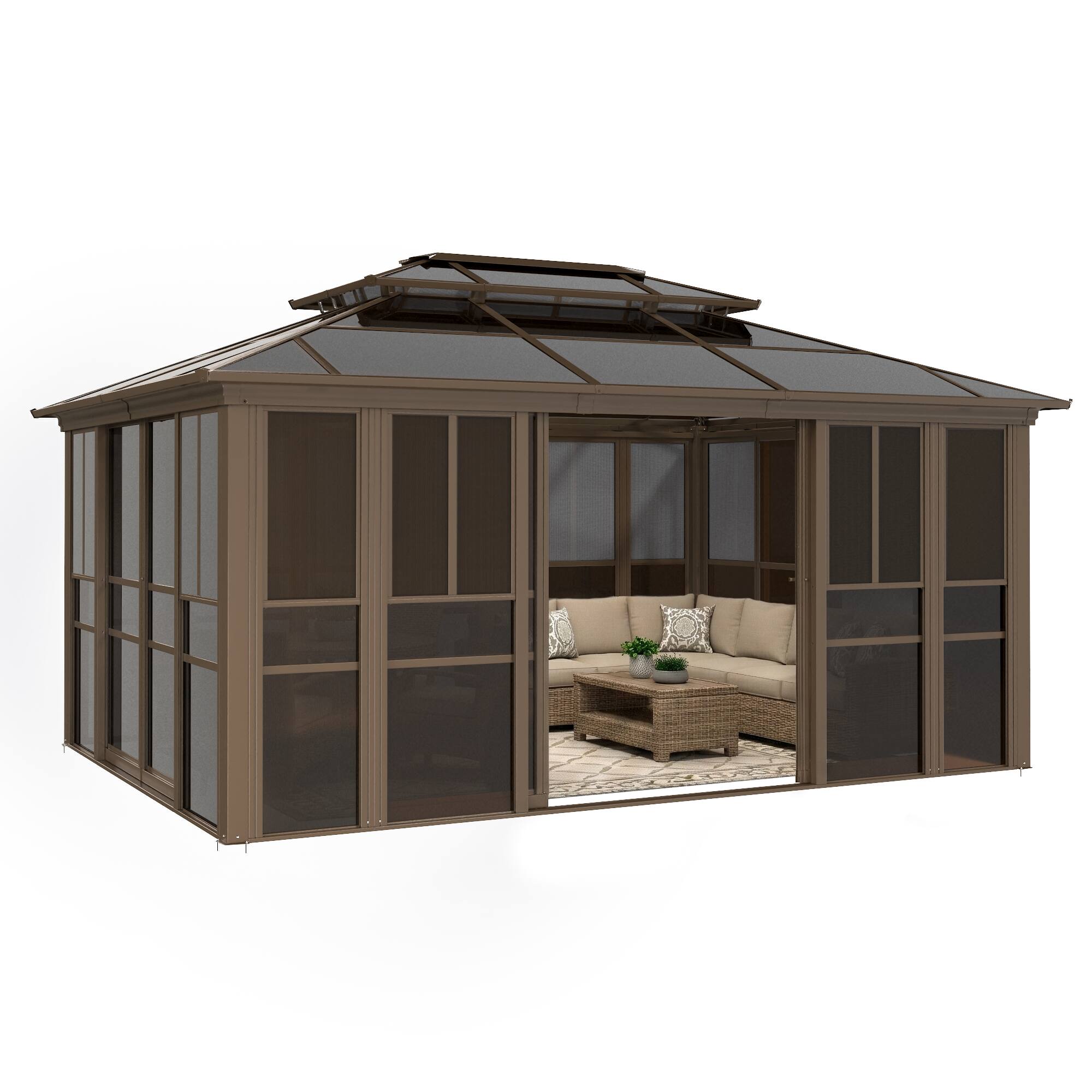 Alt View 4. U-HOMY - Sunroom Gazebo with Double Roof, Adjustable Windows & Lockable Sliding Doors, All-Weather Solarium for Patio - 12' x 16'.