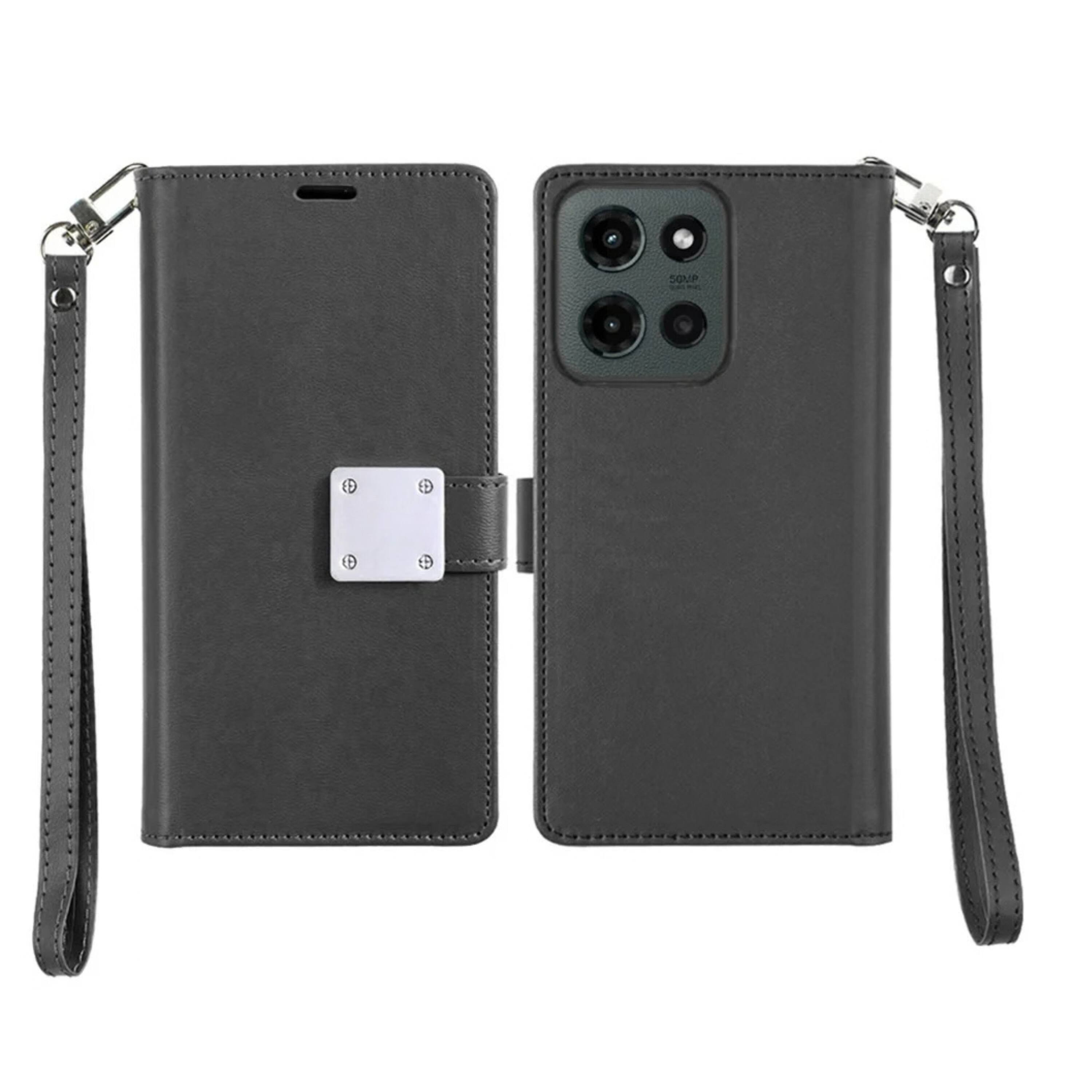 Angle. Kitcheniva - Soft Touch PU Leather Card Holder Phone Case With Tempered Glass For Moto G Stylus 2025 2026 Black - Black.