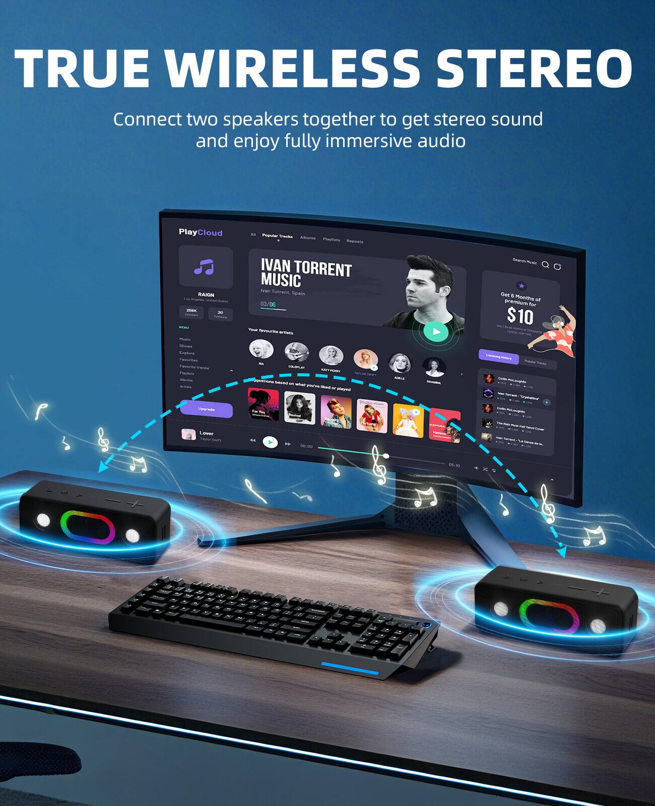 TRUE WIRELESS STEREO  
Connect two speakers together to get stereo sound and enjoy fully immersive audio  

PlayCloud - IVAN TORRENT MUSIC  
Forment Spain 03/06  

Get 6 Months of Premium for $10