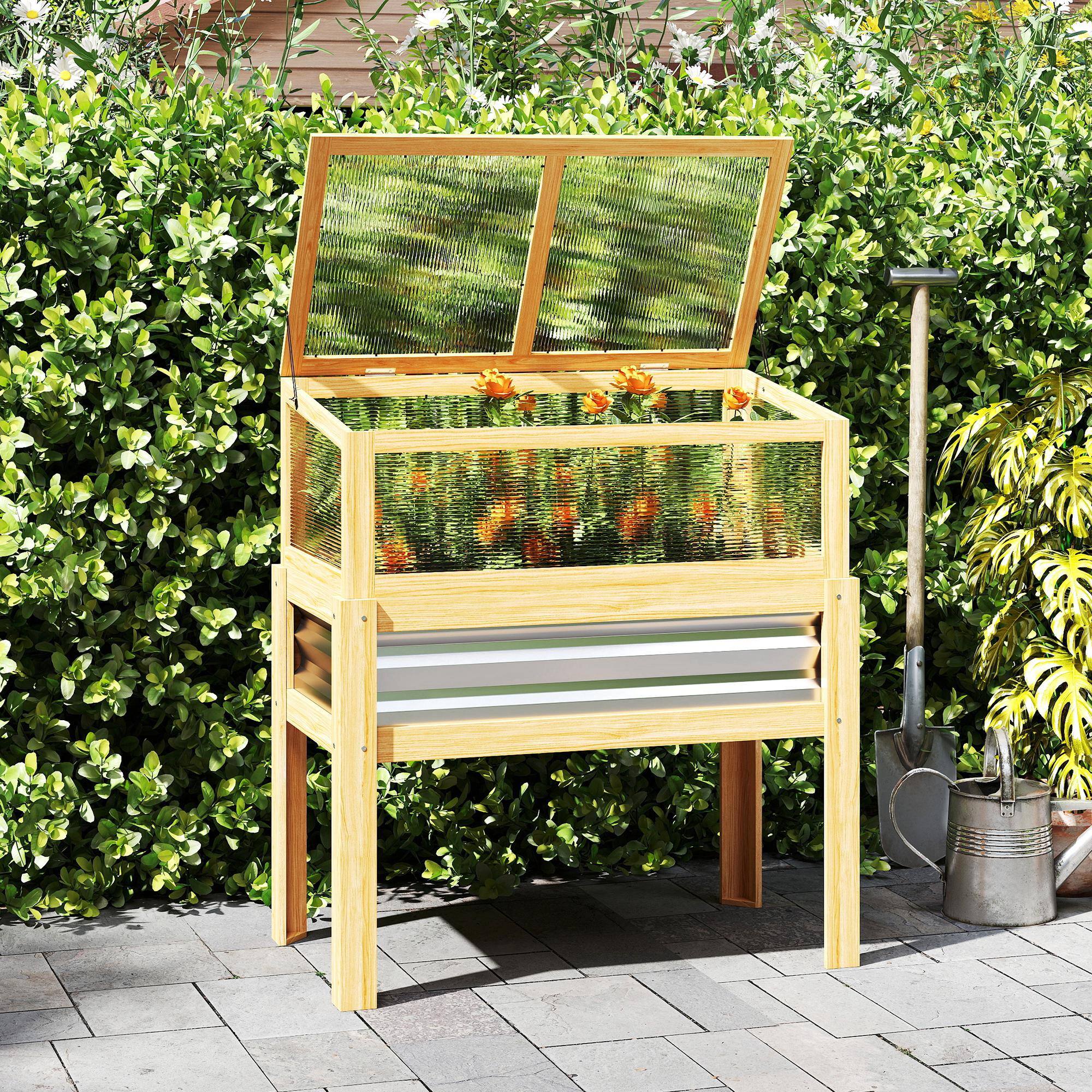 Alt View 8. Outsunny - Wooden Raised Garden Bed with Detachable Greenhouse Top, Raised Garden Bed with Legs and Bed Liner.