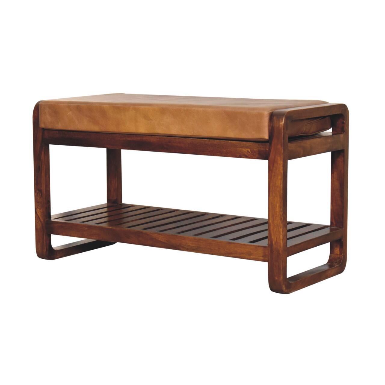 Left. Artisan Furniture - Artisan Furniture Solid Wood Small Buffalo Slatted Hallway Bench, Upholstered, 1 Shelf, Brown - Brown.