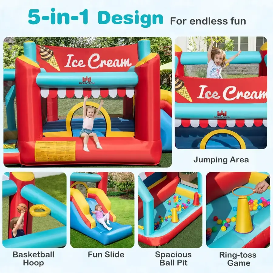 5-in-1 Design For Endless Fun: Ice Cream Bountech, Ice Cream Hunt, Jumping Area, Basketball Hoop, Fun Slide, Spacious Ball Pit, Ring-toss Game.