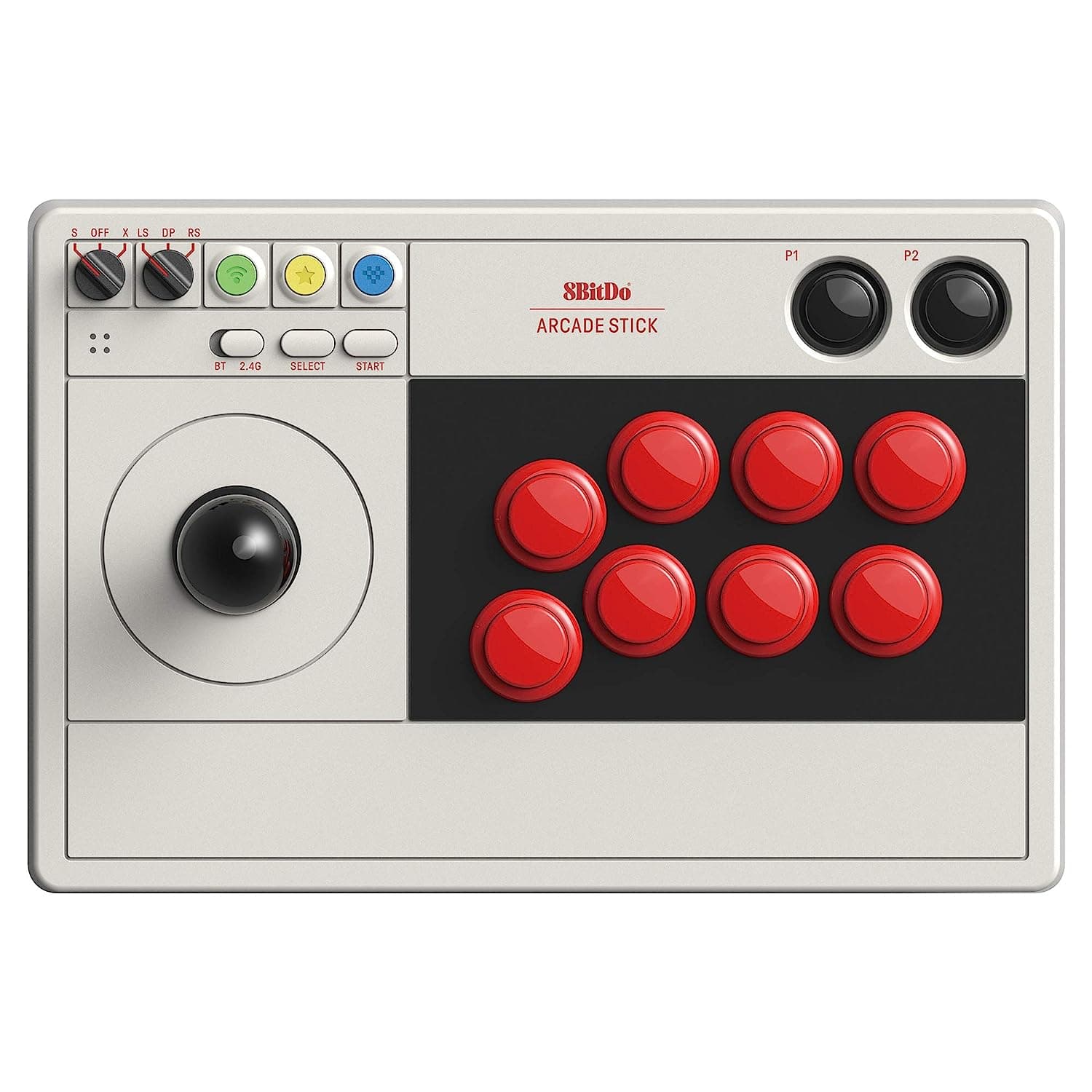 8BitDo
ARCADE STICK
P1
P2
S OFF X LS DP RS
BT 2.4G
SELECT
START
8BitDo
ARCADE STICK BT 2.4G