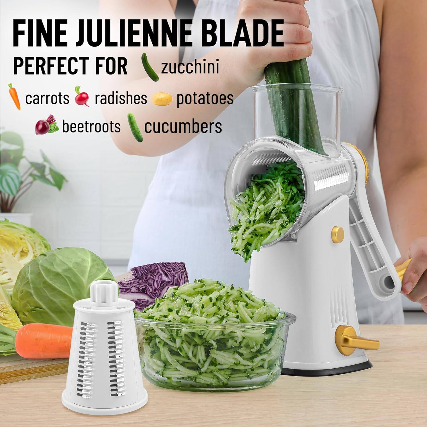 FINE JULIENNE BLADE  
PERFECT FOR  
- zucchini  
- carrots  
- radishes  
- potatoes  
- beetroots  
- cucumbers