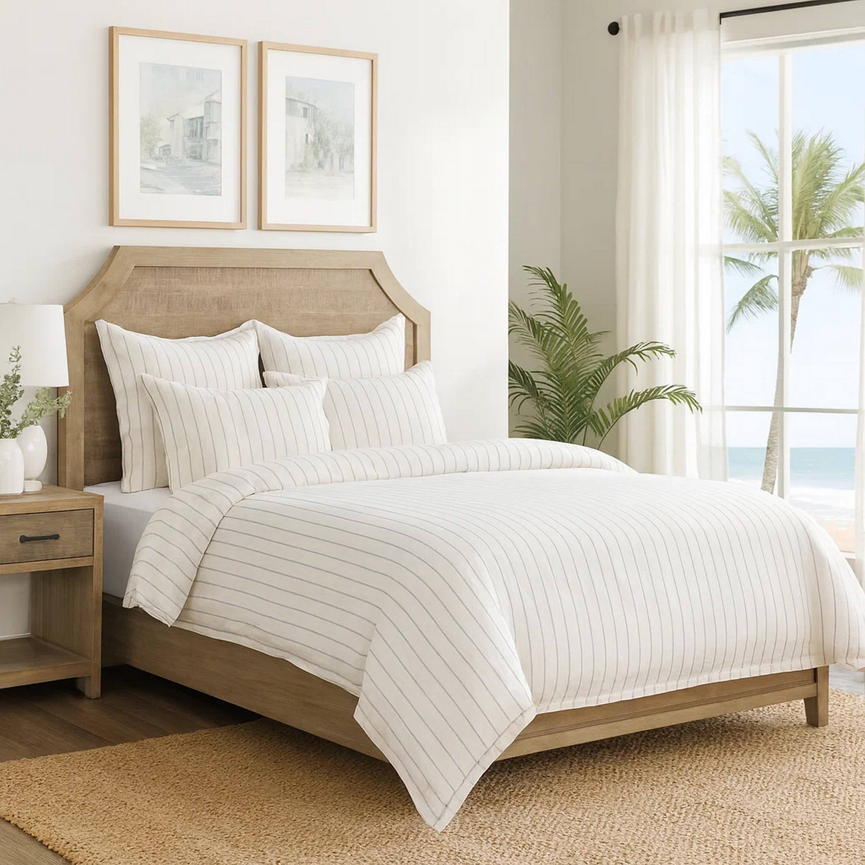 Alt View 3. Manhattan Lane - Tara Queen Size Linen Duvet Cover, Stripe Design and Mitered Corners - Ivory.