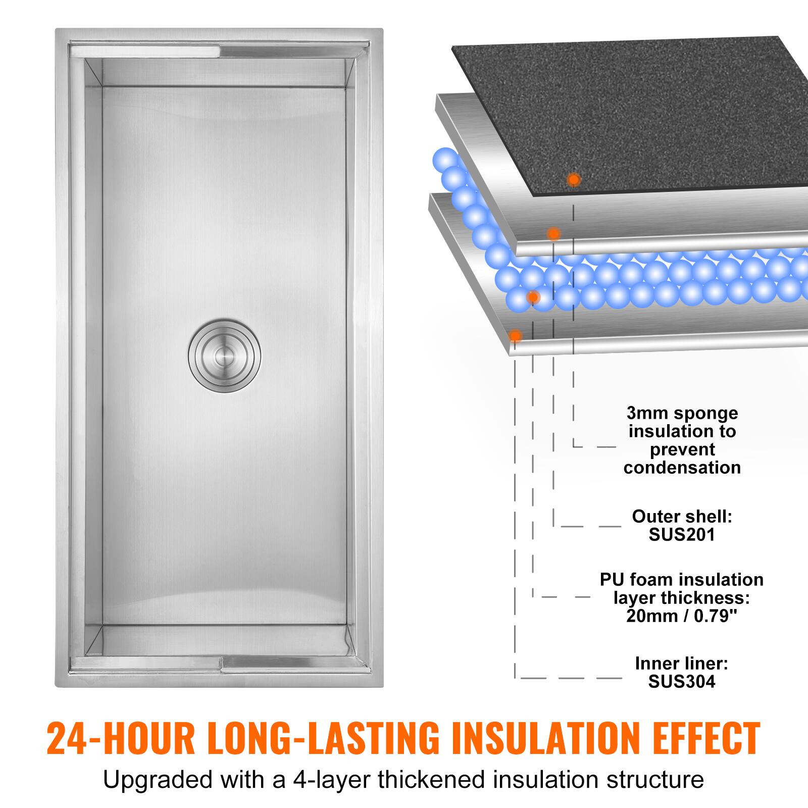 3mm sponge insulation to prevent condensation  
Outer shell: SUS201  
PU foam insulation layer thickness: 20mm / 0.79"  
Inner liner: SUS304  

24-HOUR LONG-LASTING INSULATION EFFECT  
Upgraded with a 4-layer thickened insulation structure
