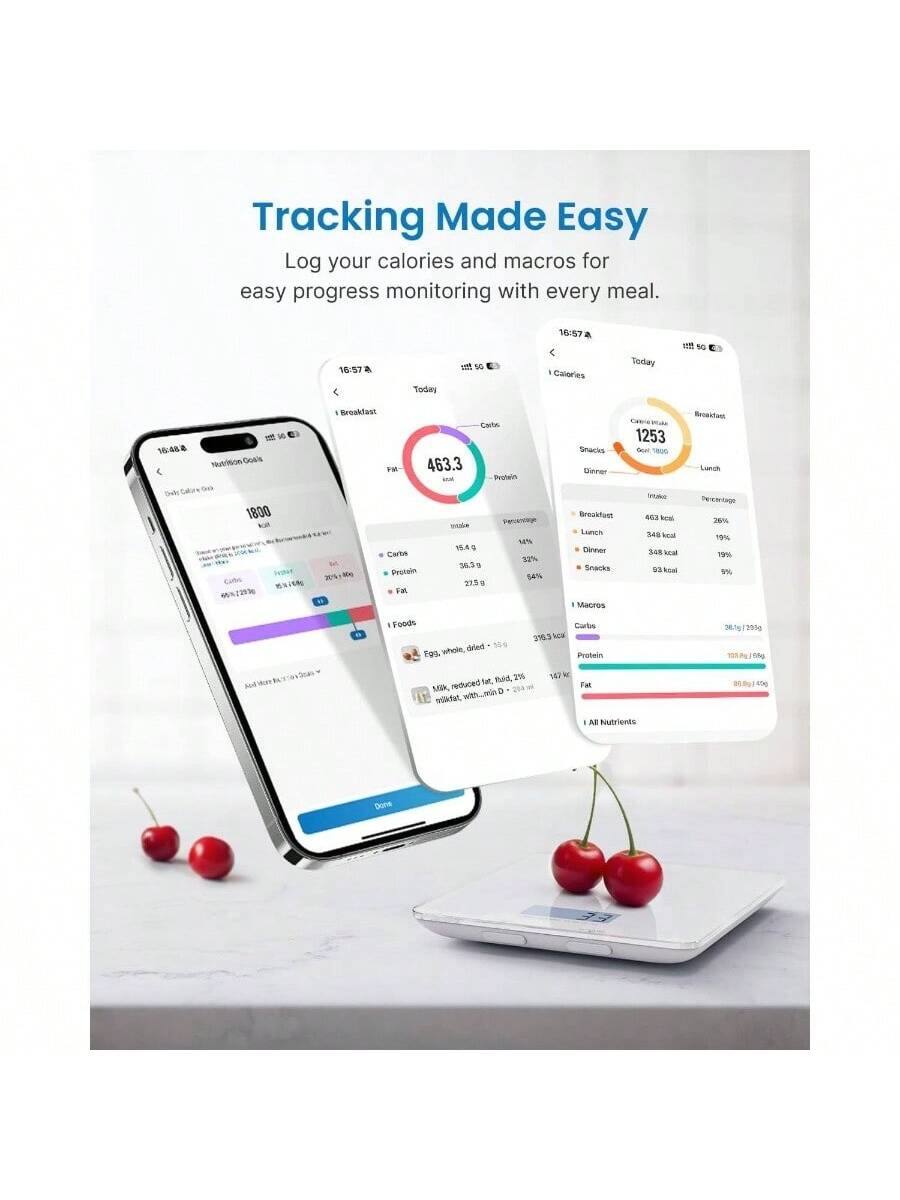 Tracking Made Easy  
Log your calories and macros for easy progress monitoring with every meal.

16:37  
Today

16:57  
a  
A  
Calories Today  
In & Out

16:48  
a  
Nutrition Goals  
Breakfast  
463.3  
Calories  
1253  
Calories  
1800  
Calories

Breakfast  
463 kcal  
28%  
Lunch  
348 kcal  
19%  
Dinner  
348 kcal  
19%  
Snacks  
93 kcal  
5%

Macros  
Carbs  
39%  
Protein  
38%  
Fat  
23%

All Nutrients  
Carbs  
268g / 255g  
Protein  
127g / 150g  
Fat  
89g / 95g

Foods  
Eggs, whole  
140 kcal  
Milk, reduced fat, 1%  
120 kcal  
Bread, whole wheat  
100 kcal  
Fruit, with skin, MD  
20 kcal