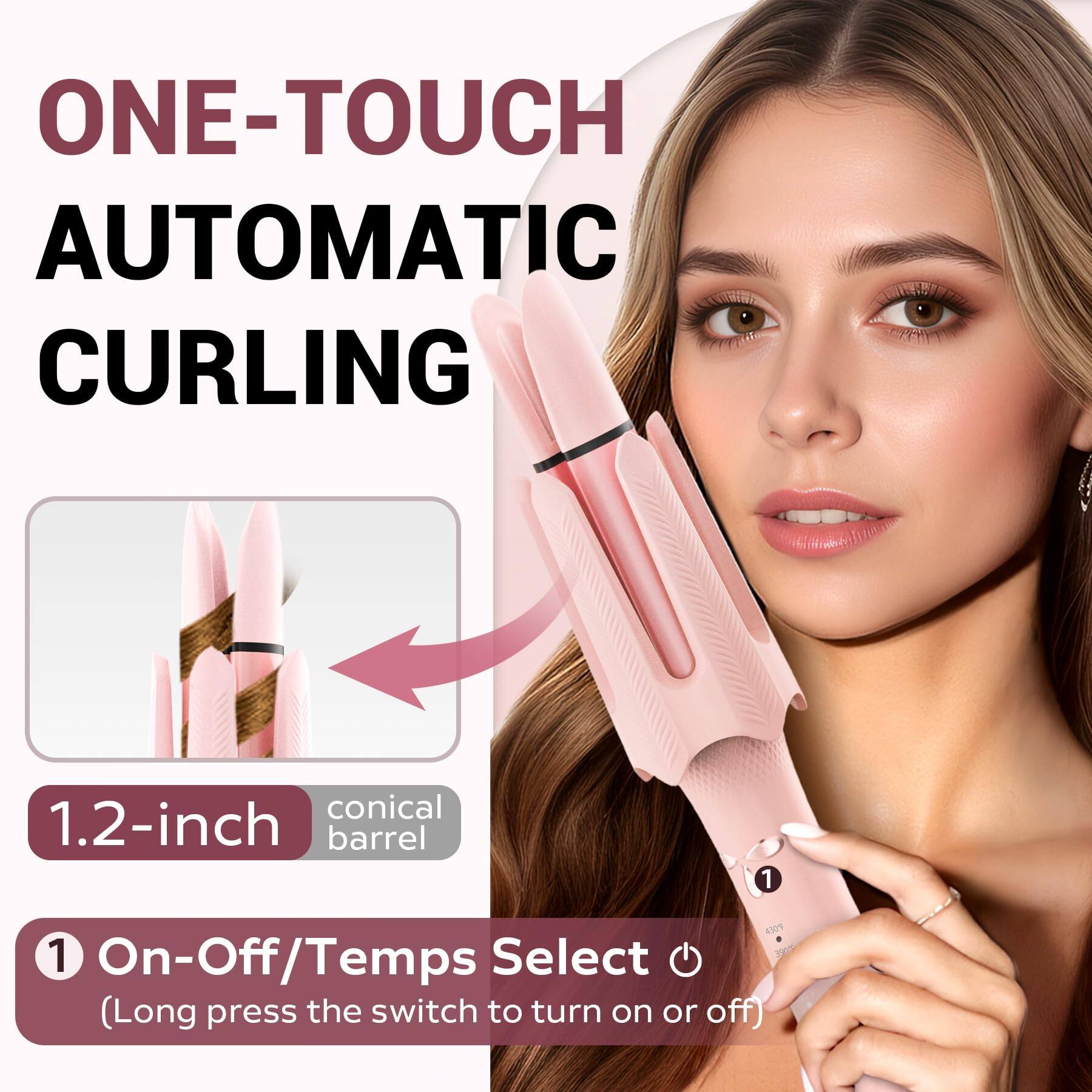 ONE-TOUCH AUTOMATIC CURLING

1.2-inch conical barrel

1 On-Off/Temps Select (Long press the switch to turn on or off)