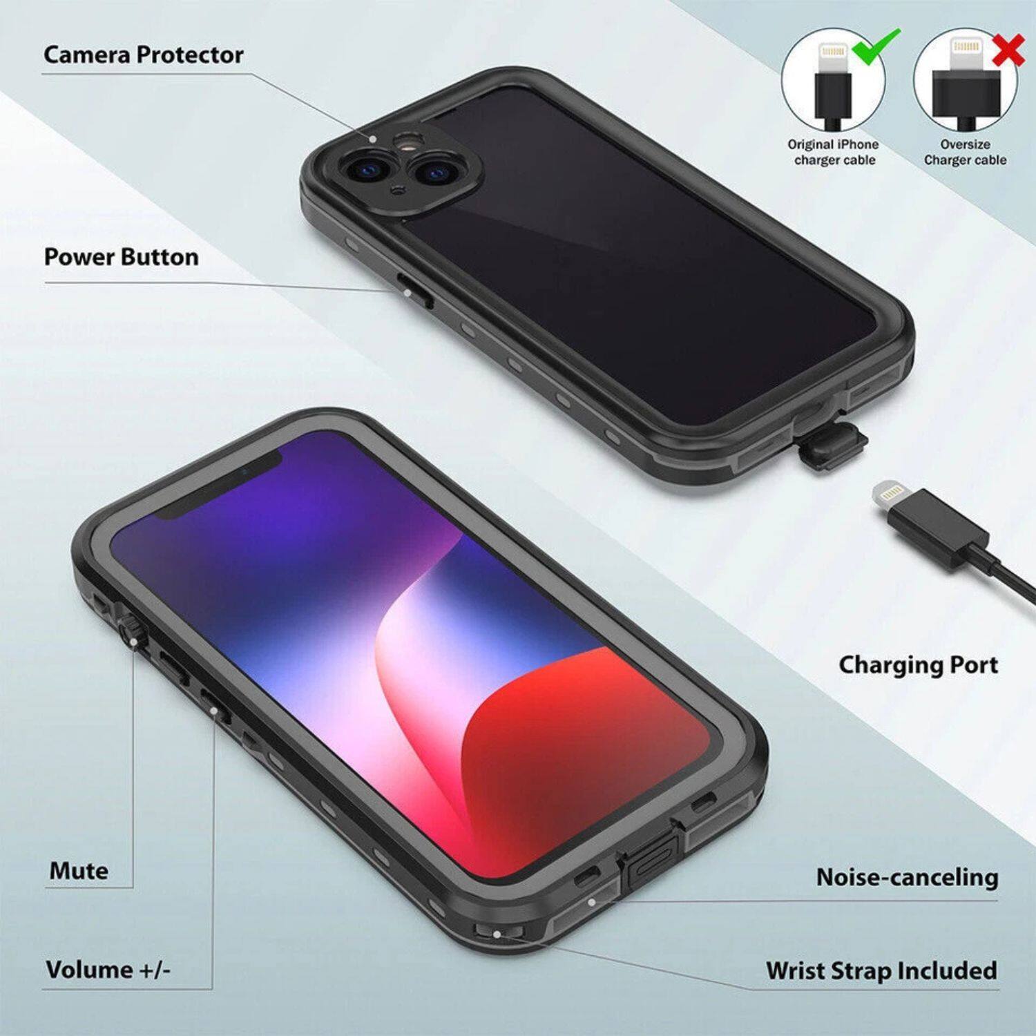- Camera Protector
- Power Button
- Charging Port
- Mute
- Volume +/- 
- Noise-canceling
- Wrist Strap Included
- Original iPhone charger cable
- Oversize Charger cable