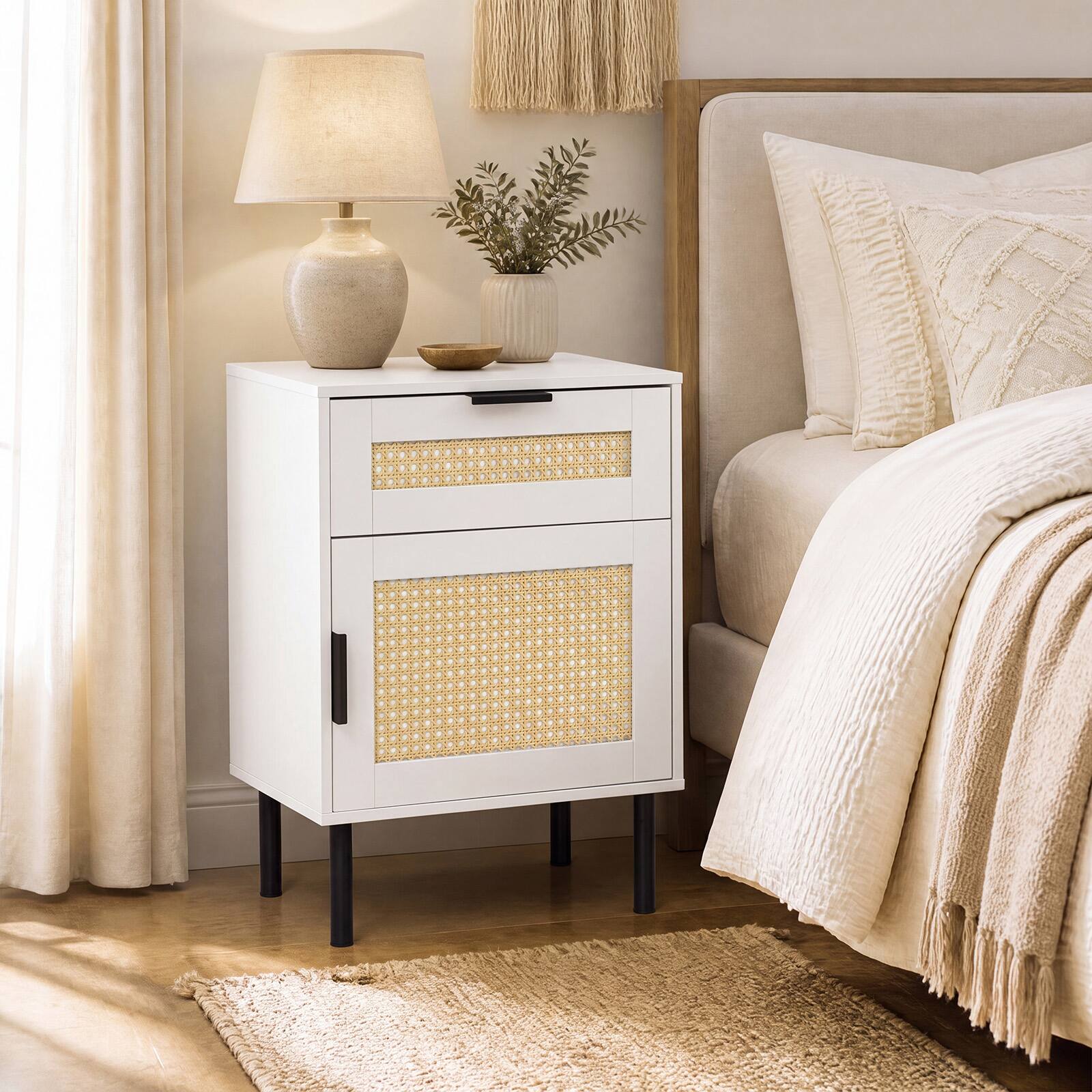 Alt View 3. Gymax - Gymax Set of 2 Rattan Nightstand w/ Drawer & Storage Cabinet 2 Anti-Tipping Kits White & Natural - White.