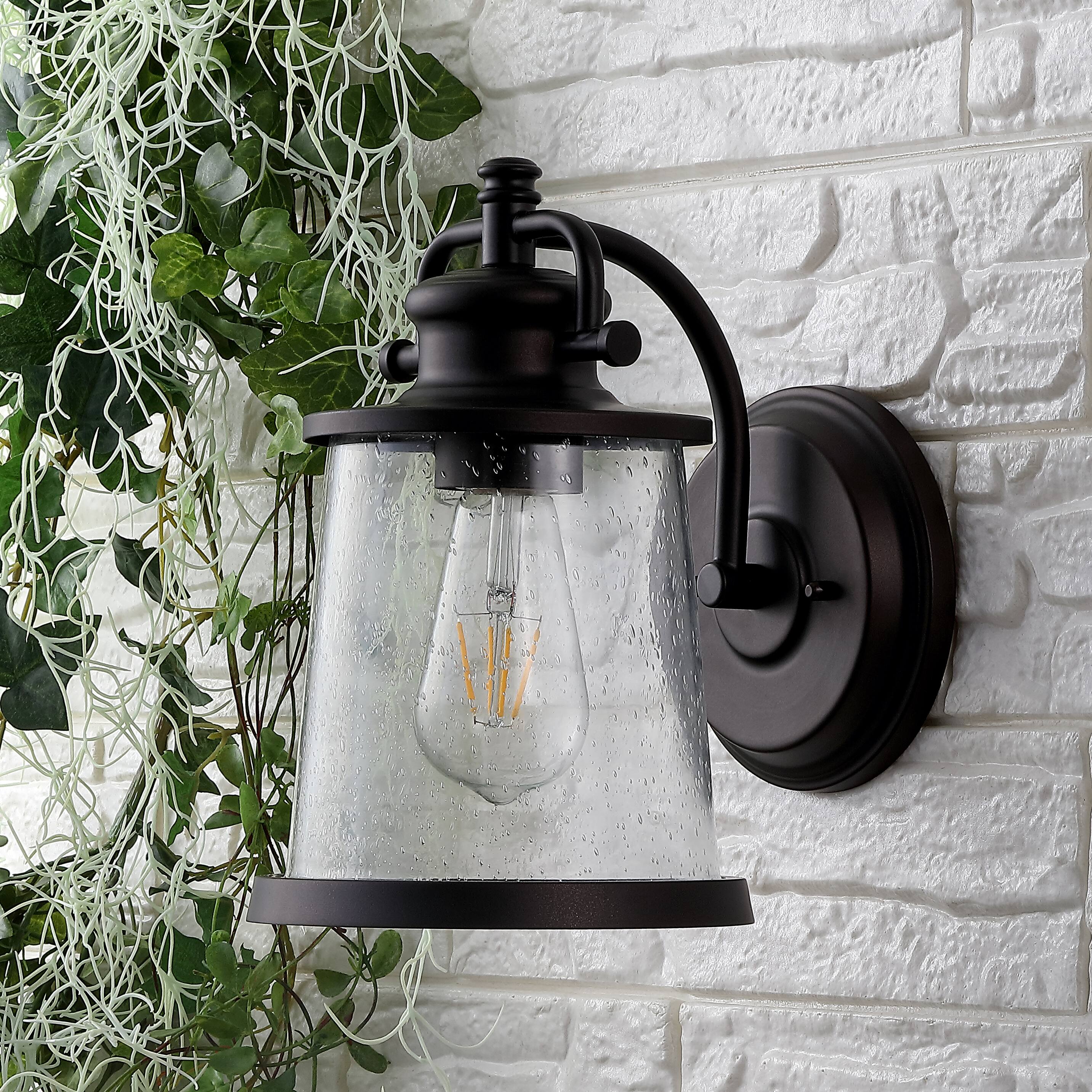 Alt View 7. Jonathan Y - Marais 6.75" Iron/Seeded Glass Vintage Rustic LED Outdoor Sconce, Oil Rubbed Bronze - Oil Rubbed Bronze.