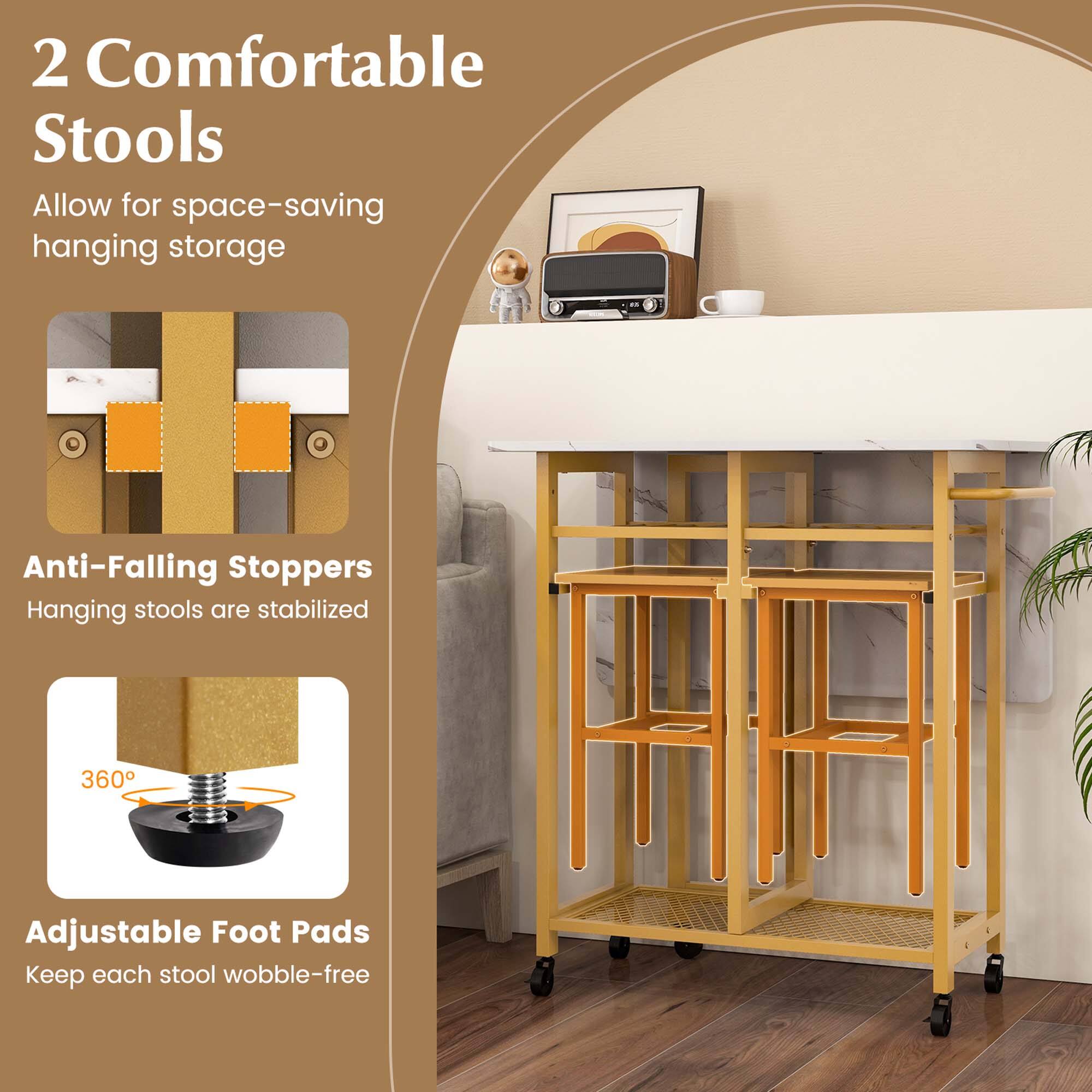 The image features a white counter with two comfortable stools that allow for space-saving hanging storage. These stools also come with anti-falling stoppers to ensure stability. Additionally, the stools have adjustable foot pads to keep them wobble-free. The counter is placed in a room with a potted plant nearby, adding a touch of greenery to the space.