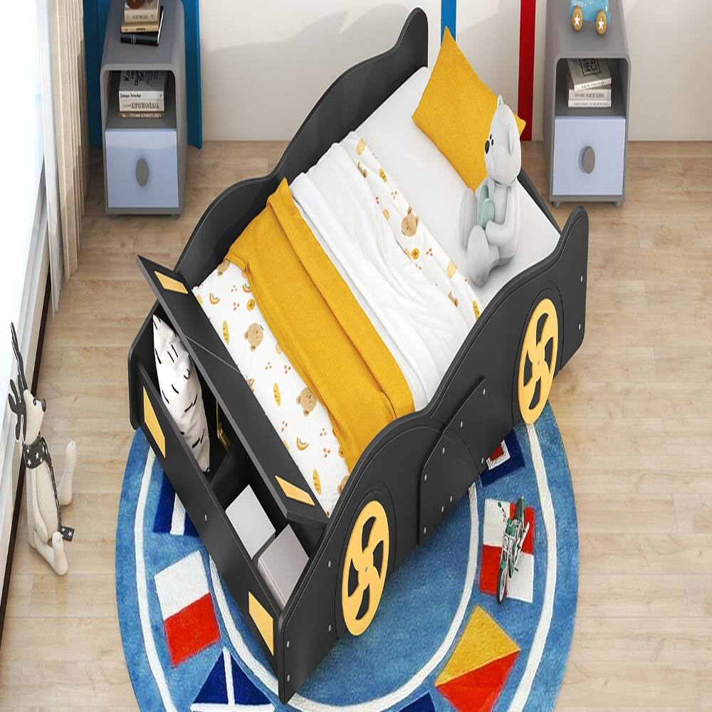 Alt View 4. Loheer - Loheer Full Size Race Car Bed with Storage, Black Yellow Car Shaped Platform Bed - Black+Yellow.
