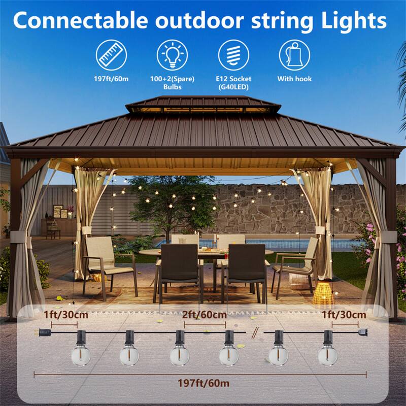 Connectable outdoor string Lights  
197ft/60m  
100 + 2(Spare) Bulbs  
E12 Socket (G40LED)  
With hook  
1ft/30cm  
2ft/60cm  
1ft/30cm