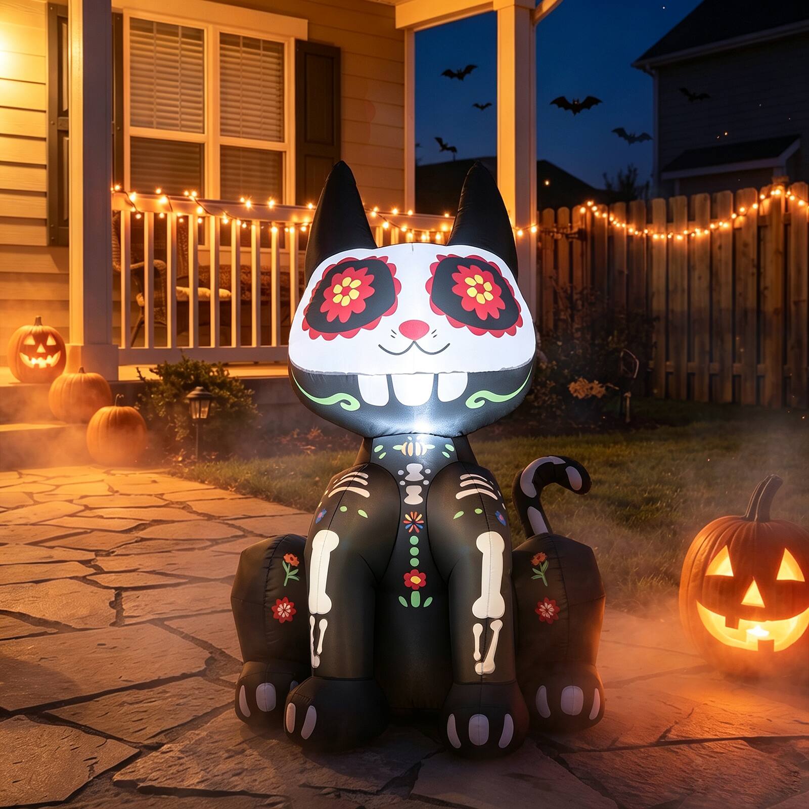 Alt View 2. Costway - Costway 4 FT Day of the Dead Inflatable Skull Cat with LED Light, 2 Water Filled Bags - Black + White.