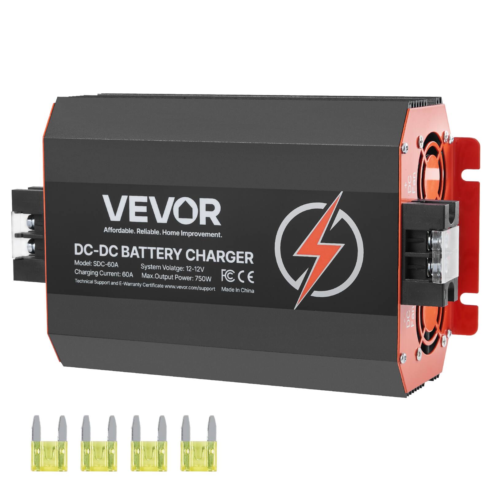 VEVOR Affordable. Reliable. Home Improvement.  
DC-DC BATTERY CHARGER  
Model: SDC-60A  
System Voltage: 12-12V  
Charging Current: 60A  
Max.Output Power: 750W  
Technical Support and E-Warranty Certificate: www.vevor.com/support  
Made In China