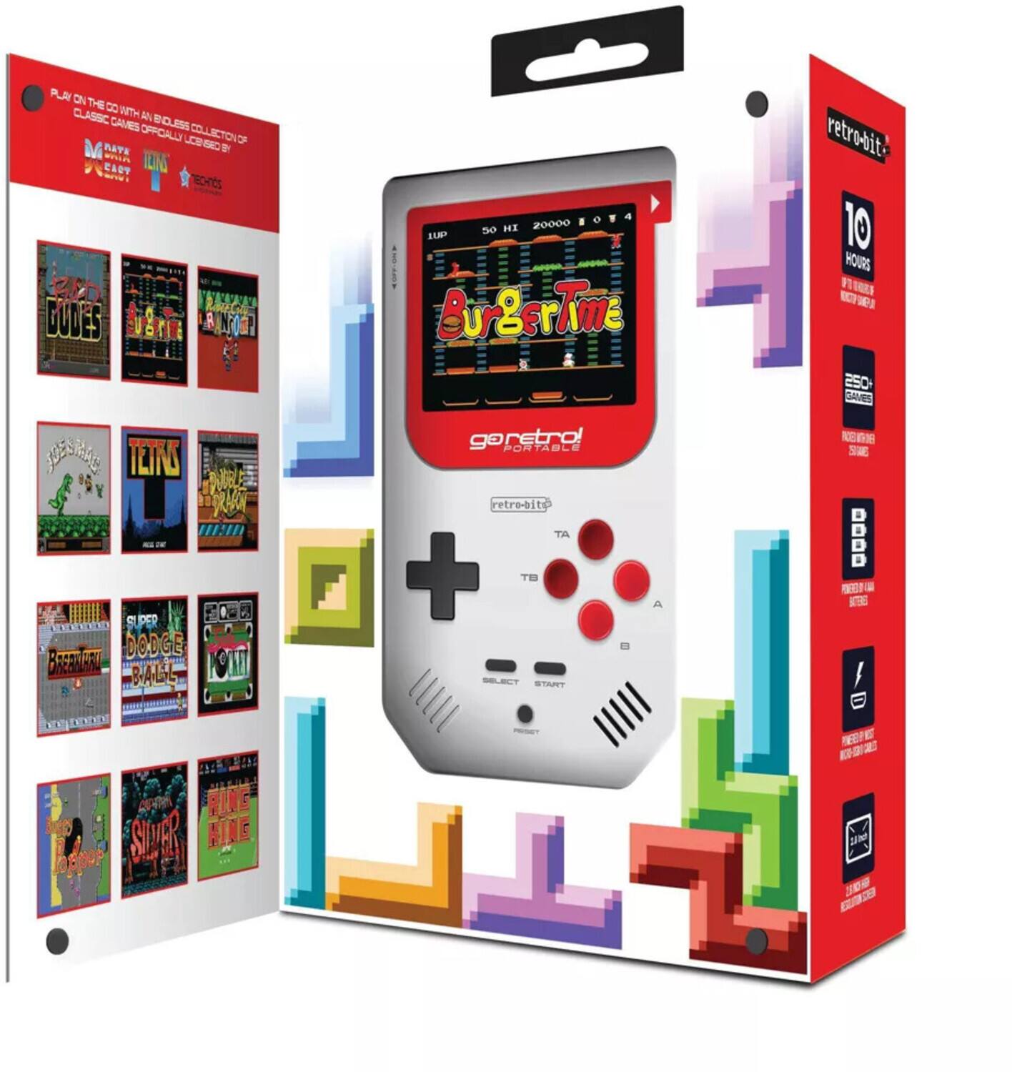 Sure, here is the corrected and grouped text from the image:

**Front Panel:**
- retro-bit
- 10 HOURS
- 250 GAMES
- TA + TB SELECT
- RETRO-BIT
- 20000 SP
- BUILT-IN RETRO-BIT TA + TB SELECT
- SEE DE WTRE REE RING SLER HING

**Back Panel:**
- PLAY ON THE GO WITH AN ALL-NEW, CLASSIC GAMES COLLECTION OF CLASSIC GAMES OFFICIALLY LICENSED BY:
- MARIO
- DONKEY KONG
- TETRIS
- SUPER MARIO BROS.
- TECHNICOLOR
- BUDGET
- 250 GAMES
- 10 HOURS
- 20000 SP
- BUILT-IN RETRO-BIT TA + TB SELECT
- RETRO-BIT

**Game Titles:**
- BUDGET
- 02 FIRE
- TETRIS
- DOUBLE DRAGON
- SUPER DODGE BALL
- BRENNAN
- POINT
- SILVER KING
- RING KING
- 250 GAMES
- 