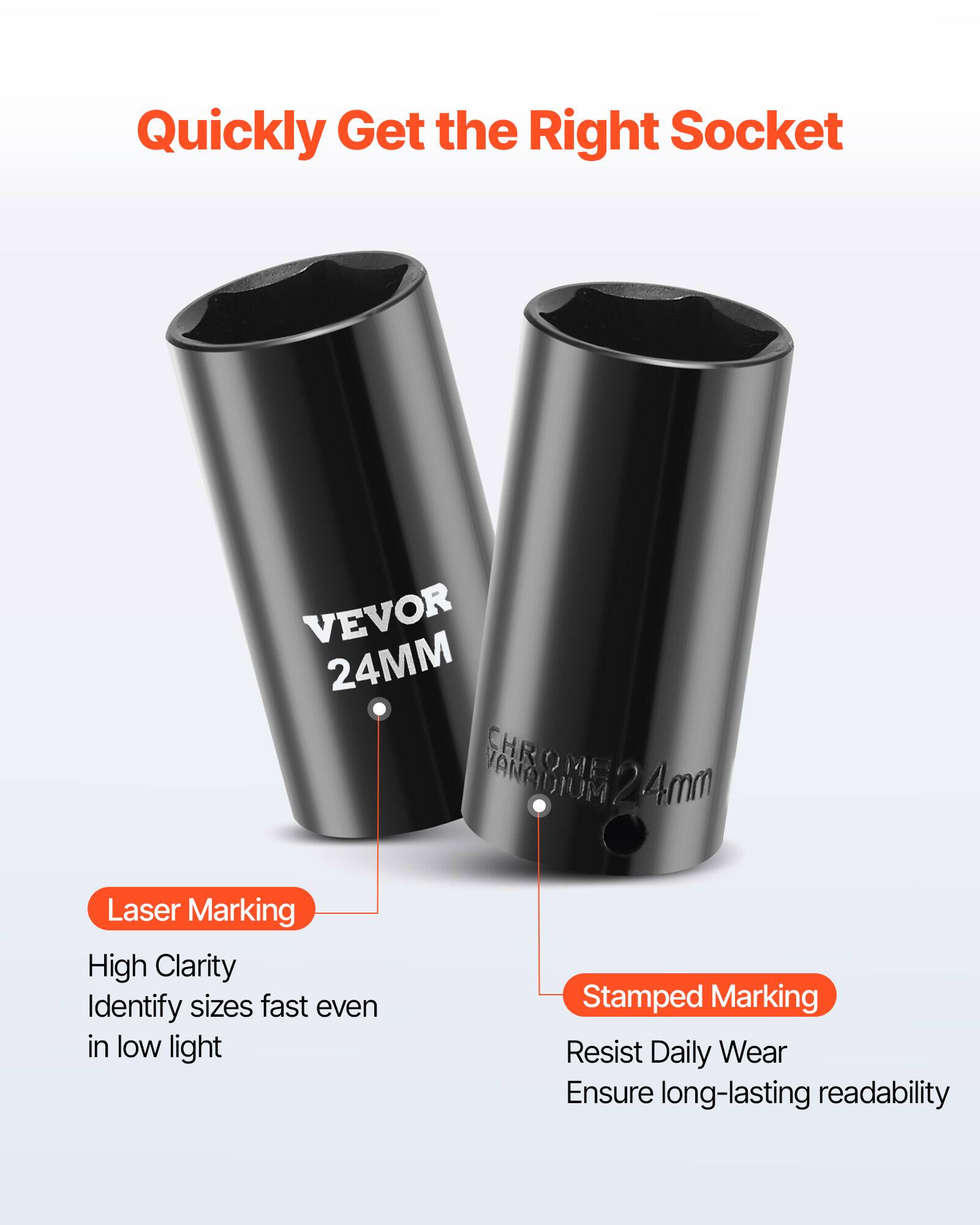 Quickly Get the Right Socket

VEVOR 24MM

Laser Marking
- High Clarity
- Identify sizes fast even in low light

Stamped Marking
- Resist Daily Wear
- Ensure long-lasting readability