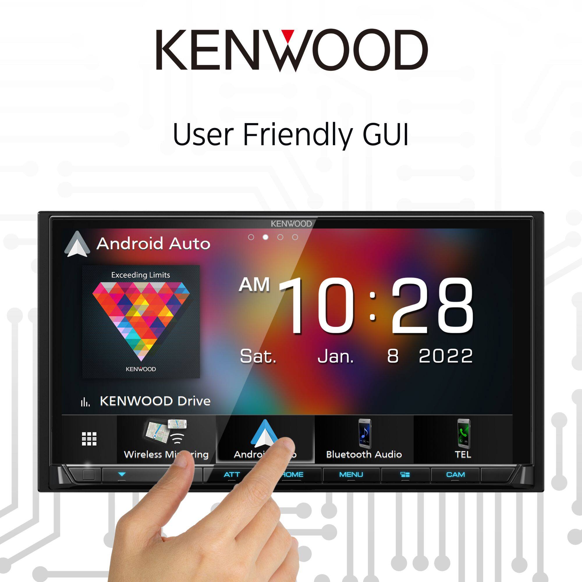 KENWOOD User Friendly GUI KENWOOD Android Auto Exceeding Limits AM 10:28 Sat. Jan. 8 2022 KENWOOD KENWOOD Drive Wireless M ring Androi Bluetooth Audio TEL ATT OME MENU CAM