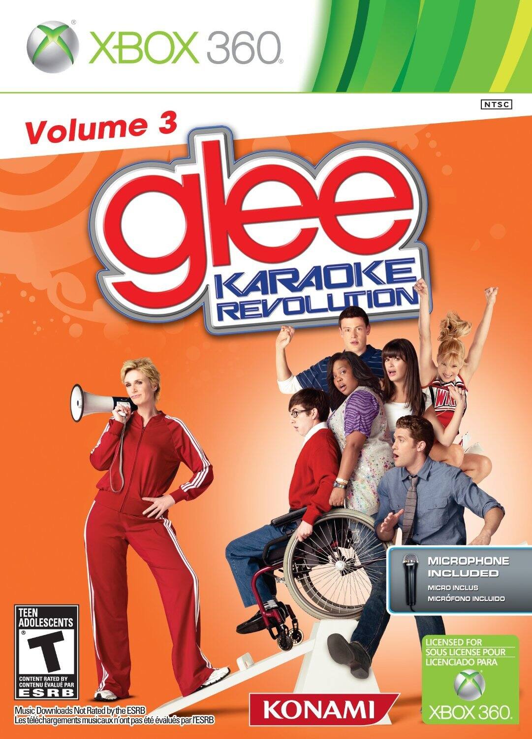 XBOX 360 NTSC  
Volume 3  
glee KARAOKE REVOLUTION  

MICROPHONE INCLUDED  
MICRO INCLUS  
MICROFONO INCLUIDO  

LICENSED FOR  
SOUIS LICENSE POUR  
LICENCIADO PARA  
XBOX 360  

TEEN ADOLESCENTS  
CONTENT RATED BY ESRB  
CONTENU ÉVALUÉ PAR ESRB  

Music Downloads Not Rated by the ESRB  
Les téléchargements musicaux n'ont pas été évalués par l'ESRB  

KONAMI - T (Teen 13+)