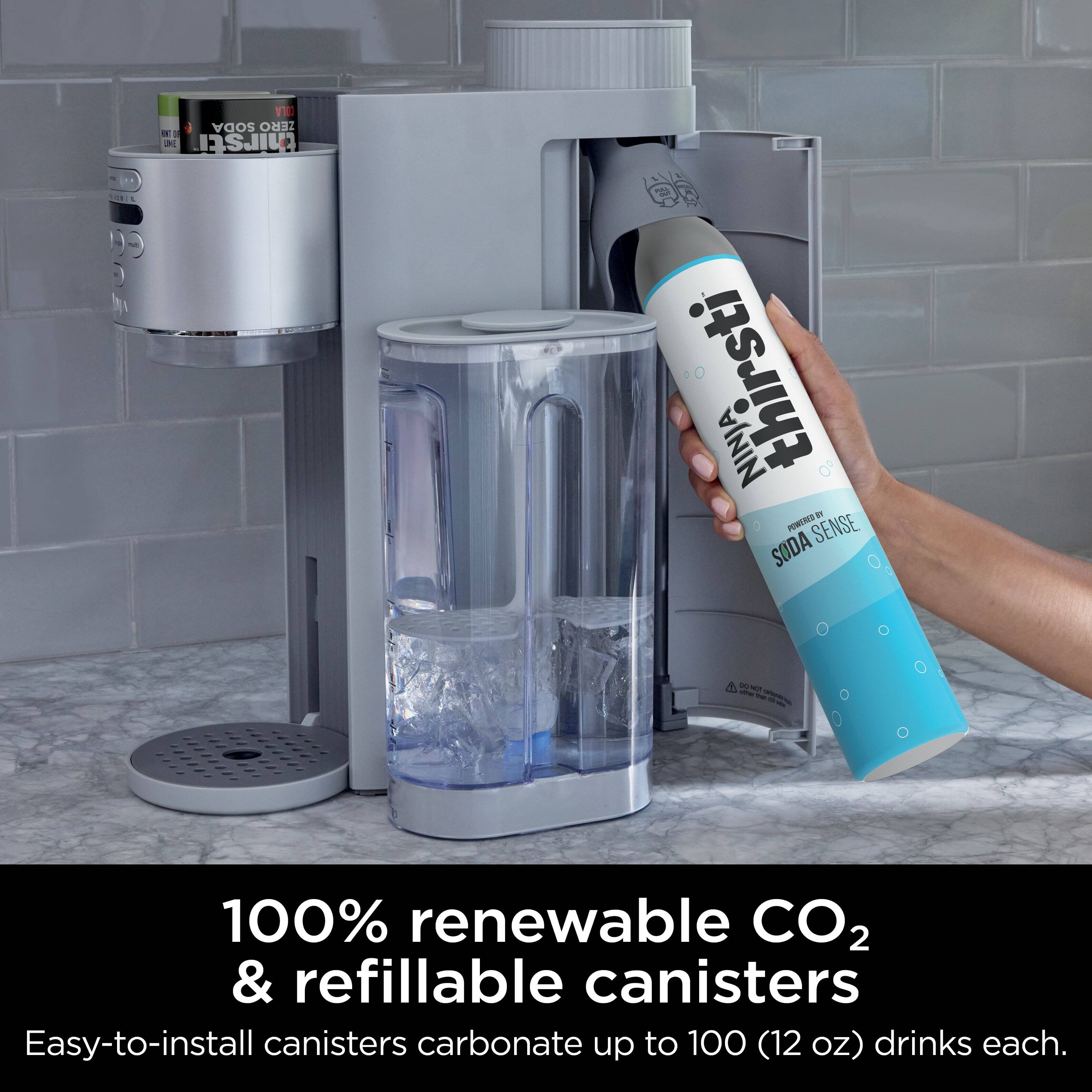 SODA ZERO JL thirsti Ninja i Powtures Sense SODA - 100% renewable CO2 & refillable canisters Easy-to-install canisters carbonate up to 100 (12 oz) drinks each.