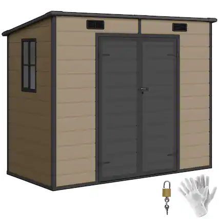 Front. Outsunny - x 4' Plastic Outdoor Storage Shed with Floor, Window, Lockable Doors and Vents for Backyard Patio Lawn - Light brown.