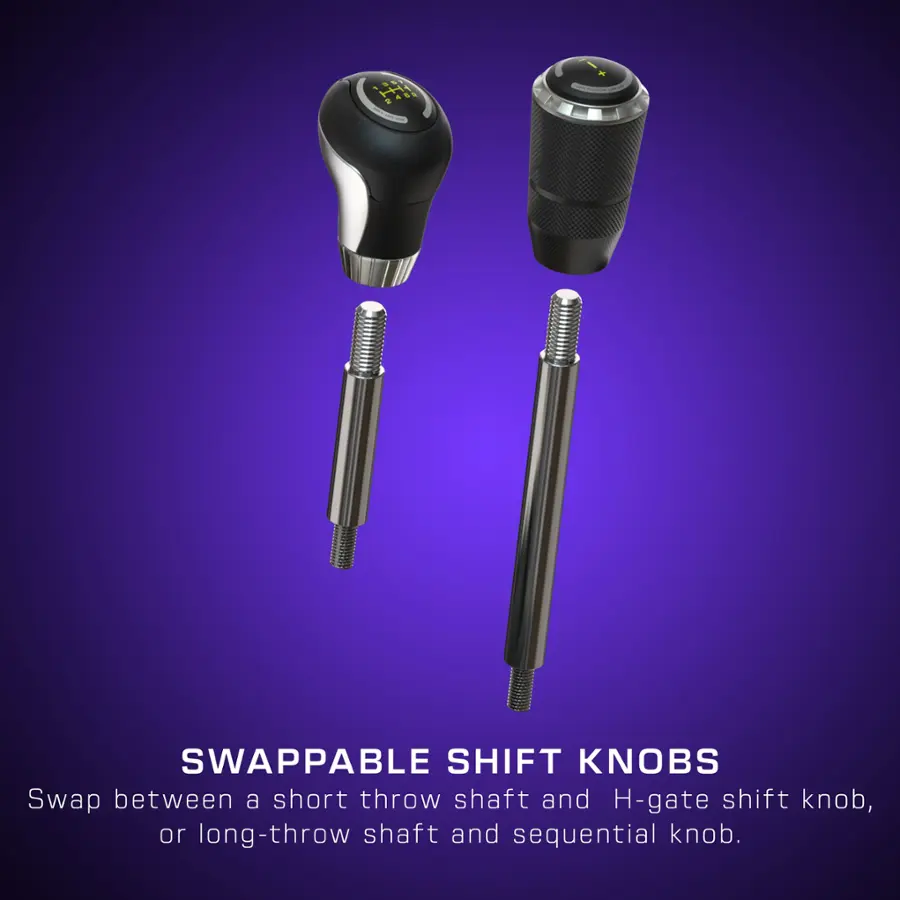 Swappable Shift Knobs: Swap between a short throw shaft and H-gate shift knob, or long-throw shaft and sequential knob.