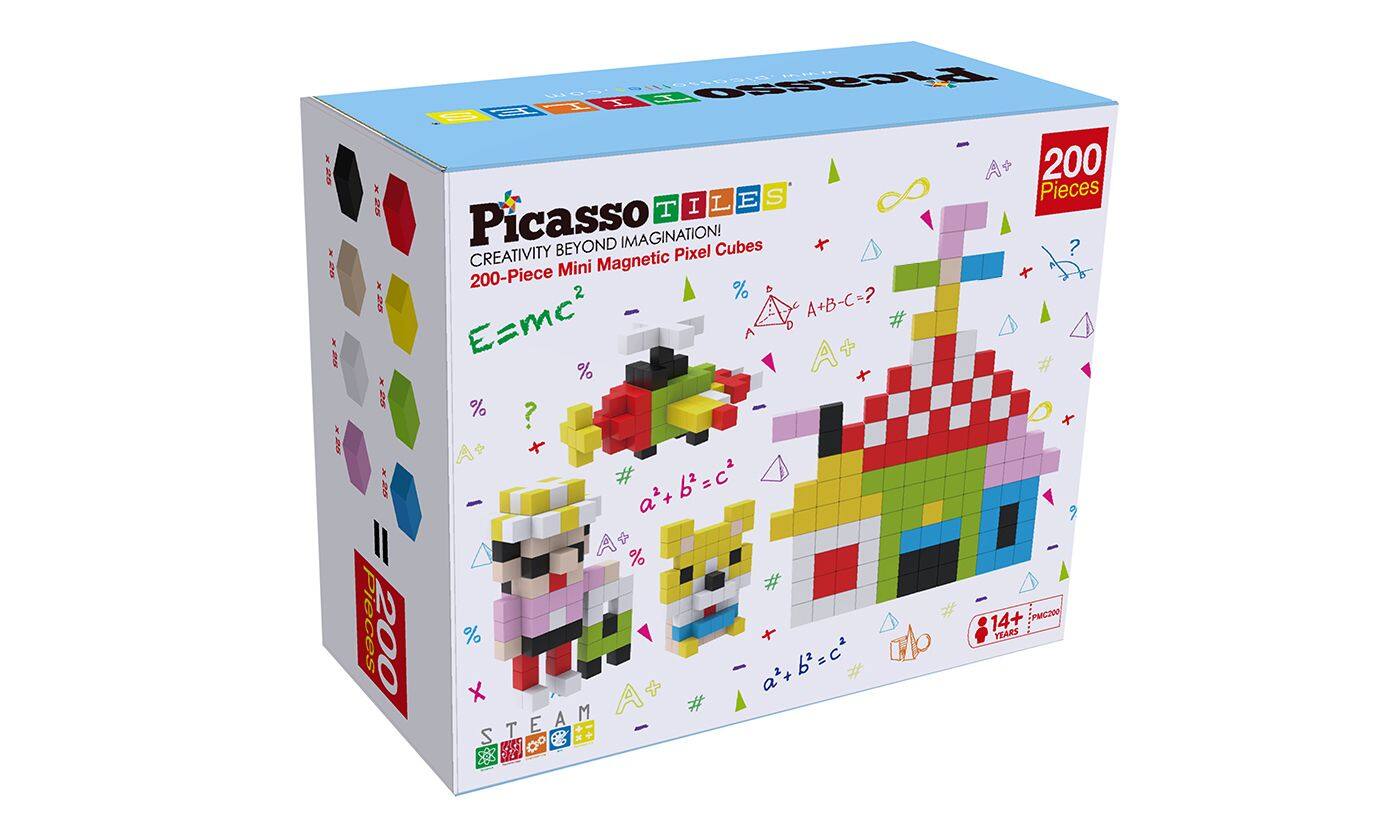 Picasso Tiles  
Creativity Beyond Imagination!  
200-Piece Mini Magnetic Pixel Cubes  

E=mc²  
a² + b² = c²  
A + B - C = ?  

STEAM  

200 Pieces  
14+ Years