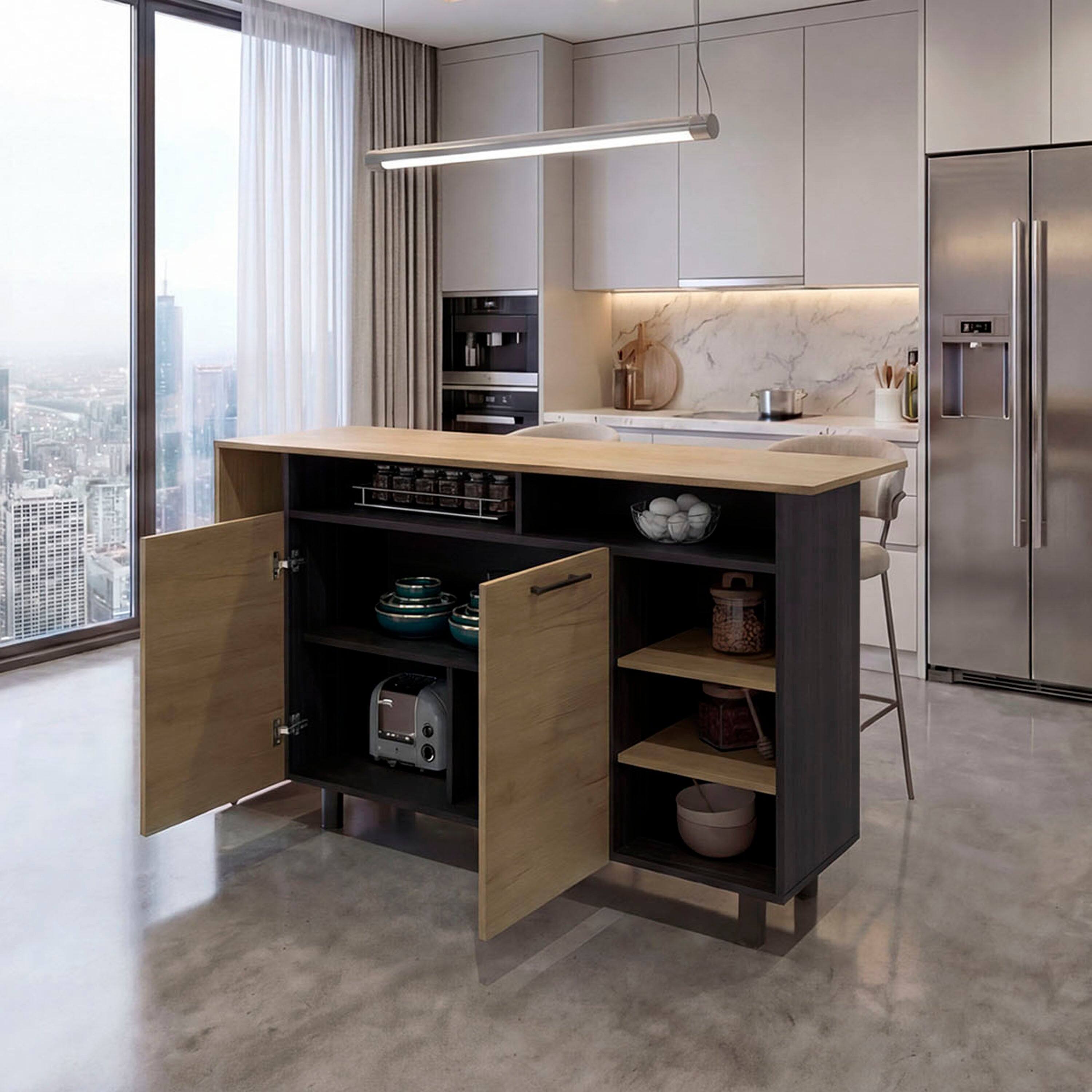Back. TuHome - Modern Farmhouse TV Stand with 2-Door Cabinet and Open Shelves, Fits TVs up to 70inch - Dark Brown.